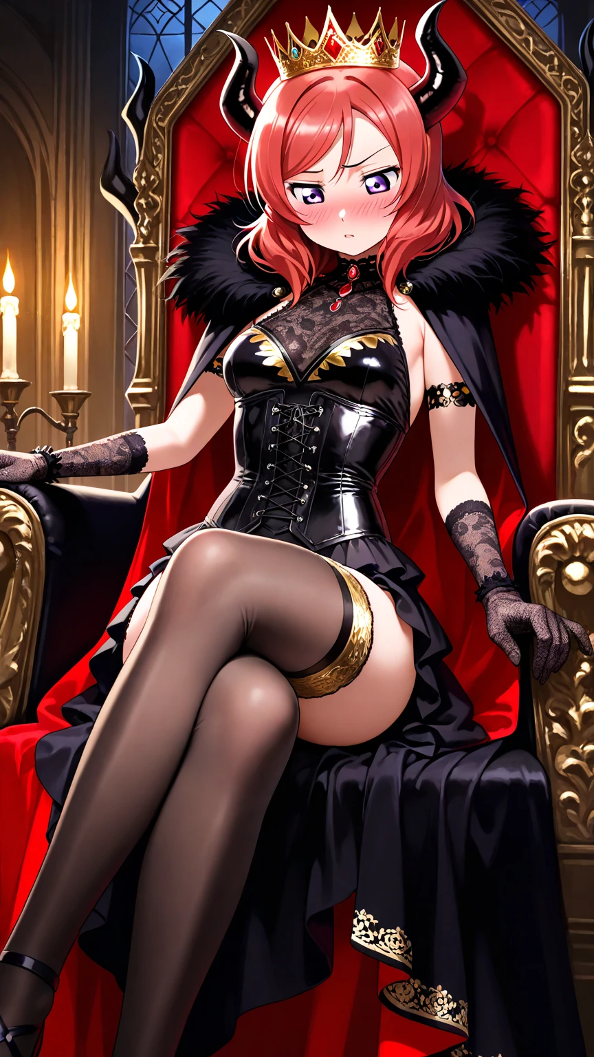 Perfect eyes:1.2, detailed eyes:1.4, realistic:1.4, shaded face, Red hair, hair over shoulder, robe, e.g, fringe, tentacles, Argyll, checkered, neckline in clothes, Striped Thighhighs, black and red vertical striped knee socks, draw up, pomade, hood, split, Sitting, 1 girl, One, (masterpiece:1.6, Best quality),