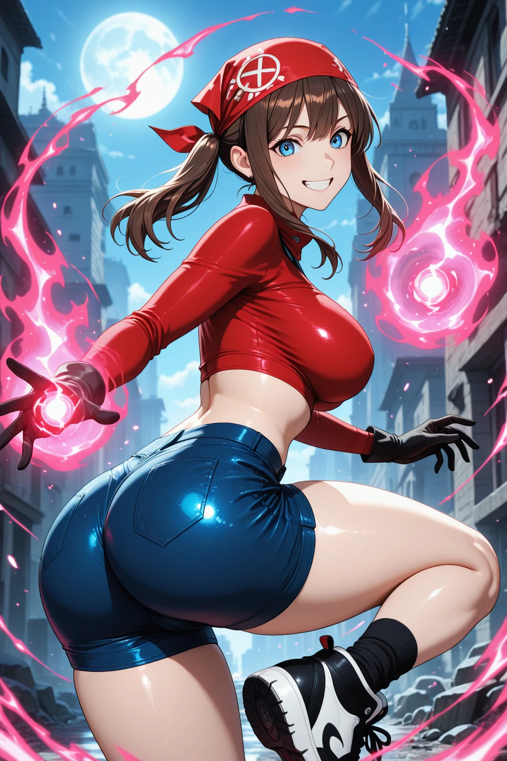 source_anime, best quality, clear face, Ochako Uraraka, Brown hair, Brown eyes, short hair, large breasts, perfect body, looking at viewer, smile, hot scarlet witch from Marvel uniform, in the city at night, standing, dynamic angle, from behind view, big ass