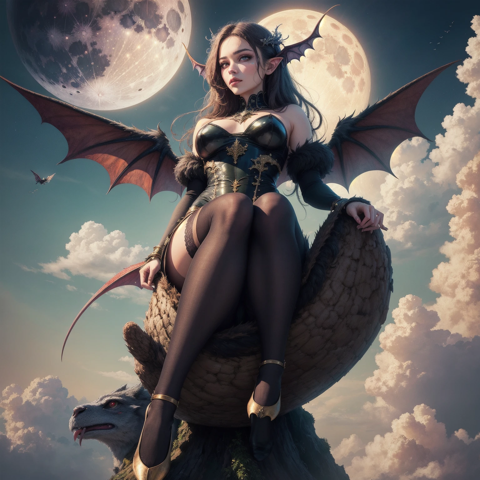 ((best quality)), ((masterpiece)), (detailed), succubus, ethereal beauty, perched on a cloud, (fantasy illustration:1.3), enchanting gaze, leotard, pantyhose, stockings, bodysuit, captivating pose, delicate wings, otherworldly charm, mystical sky, large moon, moonlit night, soft colors, (detailed cloudscape:1.3), (high-resolution:1.2), from below, (rating_explicit), (score_9, score_8_up, score_7_up, score_6_up, score_5_up, score_4_up, high res, 4k)