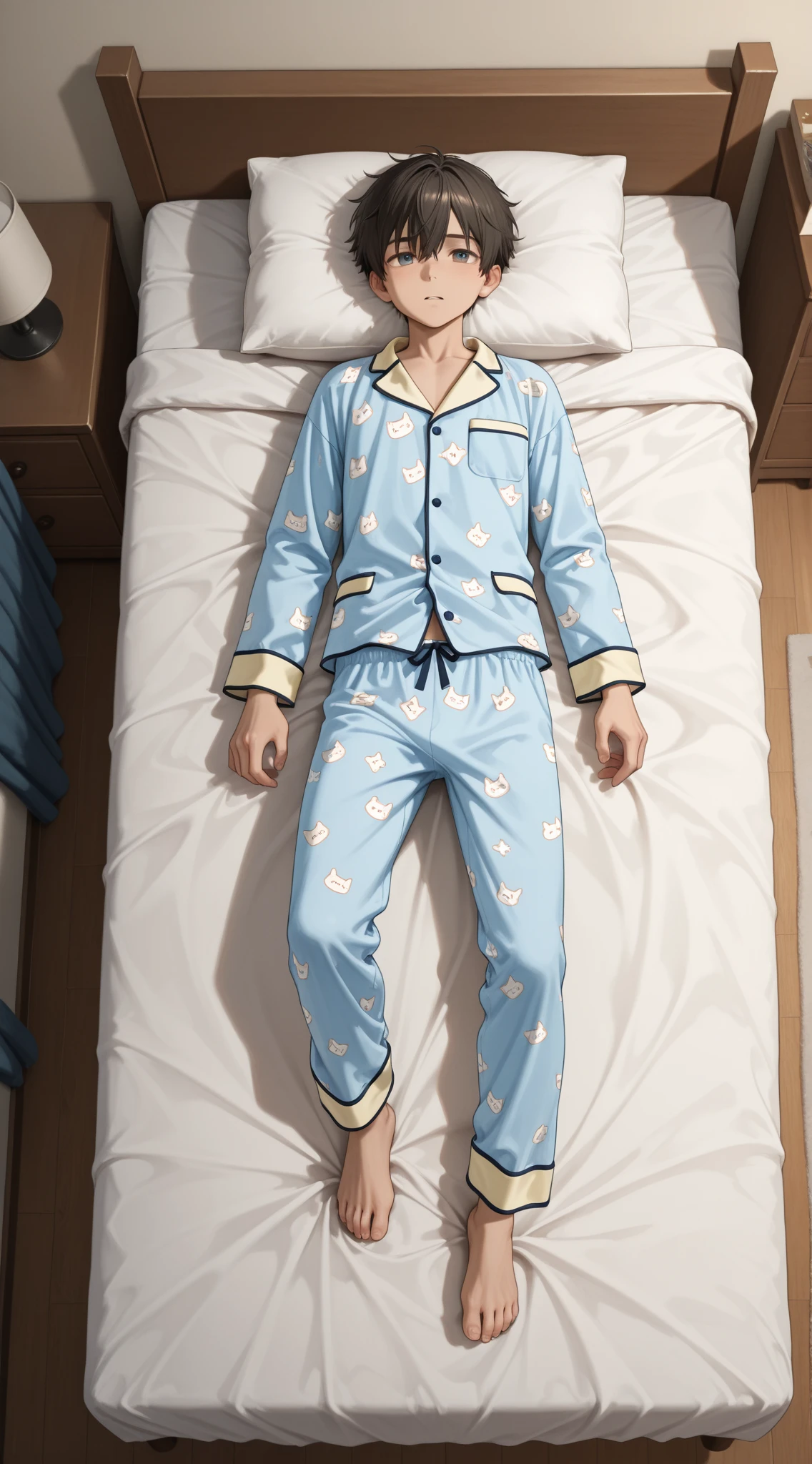 Shota, layin don in bed, full body top view
