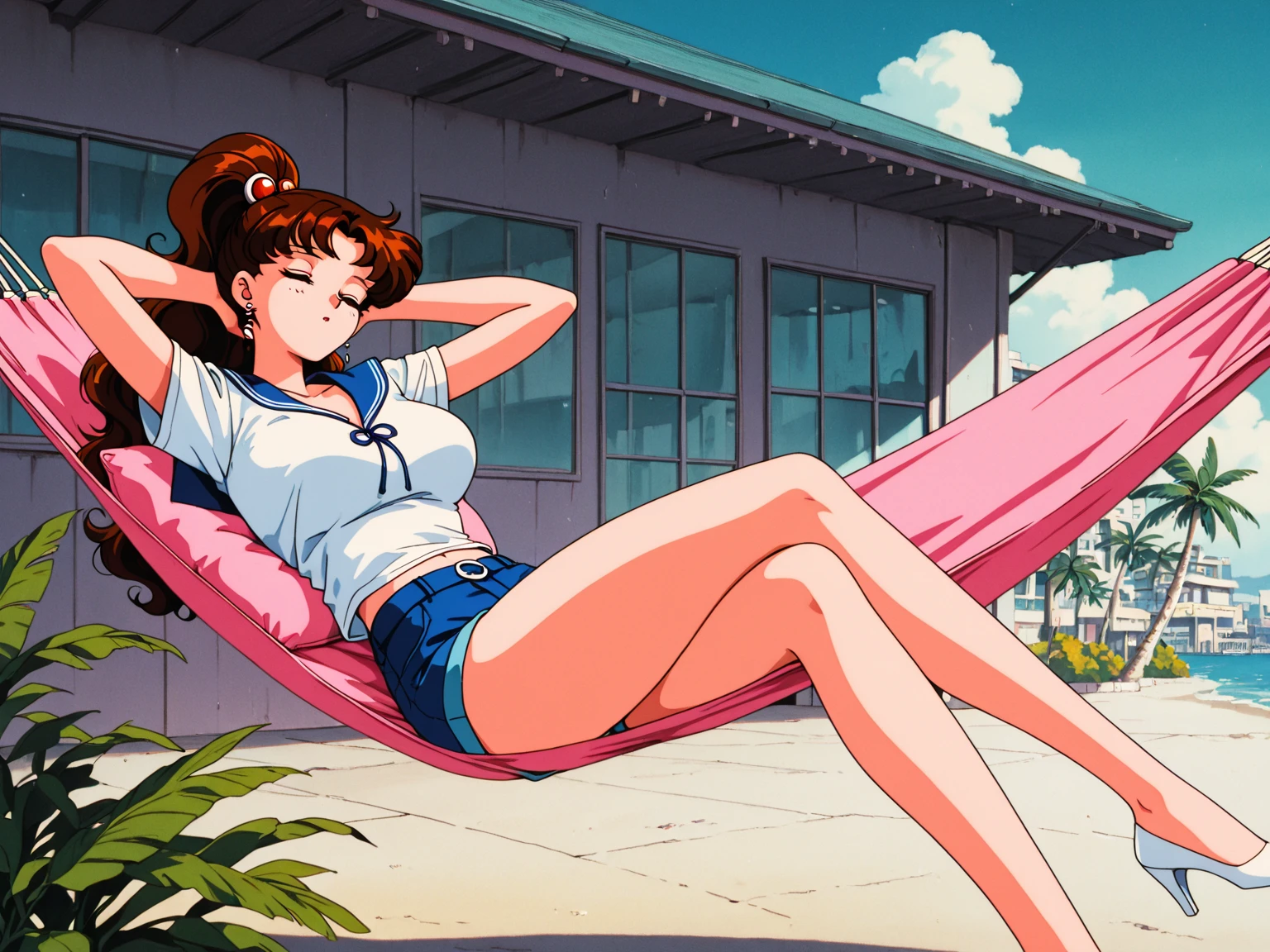score_9, score_8_up, score_7_up, 1980's style, JK, retro, source anime, flat color, illustration. lum, blue hair, blue eyes, (tiny horns), pointy ears, aqua hair, eyeshadow, 1girl, solo, cute, aviator sunglasses, aviator glasses, big perky breasts, (dramatic lighting), cute girl, sweaty, blush, blushing, makeup, teasing smile, licks lips, horny, drunk, angry. Clothes: chinese_clothes, (red tangzhuang), tight tiger-stripped jean shorts with frayed edges, cut off tiger-stripped_ jean_shorts, tiny jean shorts, ripped jean shorts on ass, torn jean shorts anus, cropped red tangzhuang, (unbuttoned), bottomless, yellow tiger-stripped thigh boots, dressed slutty. Background: street cafe, cafe on roof, sitting next to table, big window, high floor, on_water, (wet:1.3), lake, nature, mountain, outdoors, sunset, angry, looking at viewer, from below. Pose: spread legs, leaning back, dynamic posing, showing ass to viewer, facing away, Expressiveh, from below, from side, elegant, erotic, sensual, mature, (from the side, booty up, ass up, doggy style).