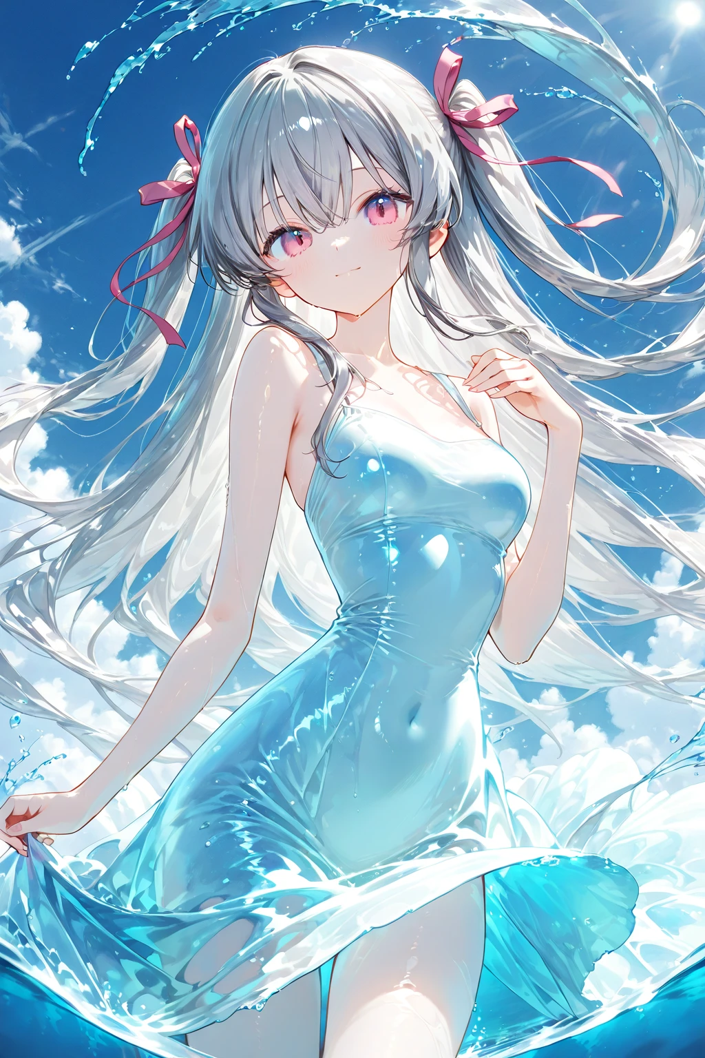 One beautiful woman、cute、Diva、Sing with your mouth wide open、laughing、Hands outstretched、Transparent light blue hair、Crystal-like hair、Blue eyes that shine like jewels、The wind is blowing、Flowing Hair、White Dress、On the Sea、water surface、water pattern、water droplets、summer、bright、Light of the sun、Highest quality、masterpiece、Super detailed