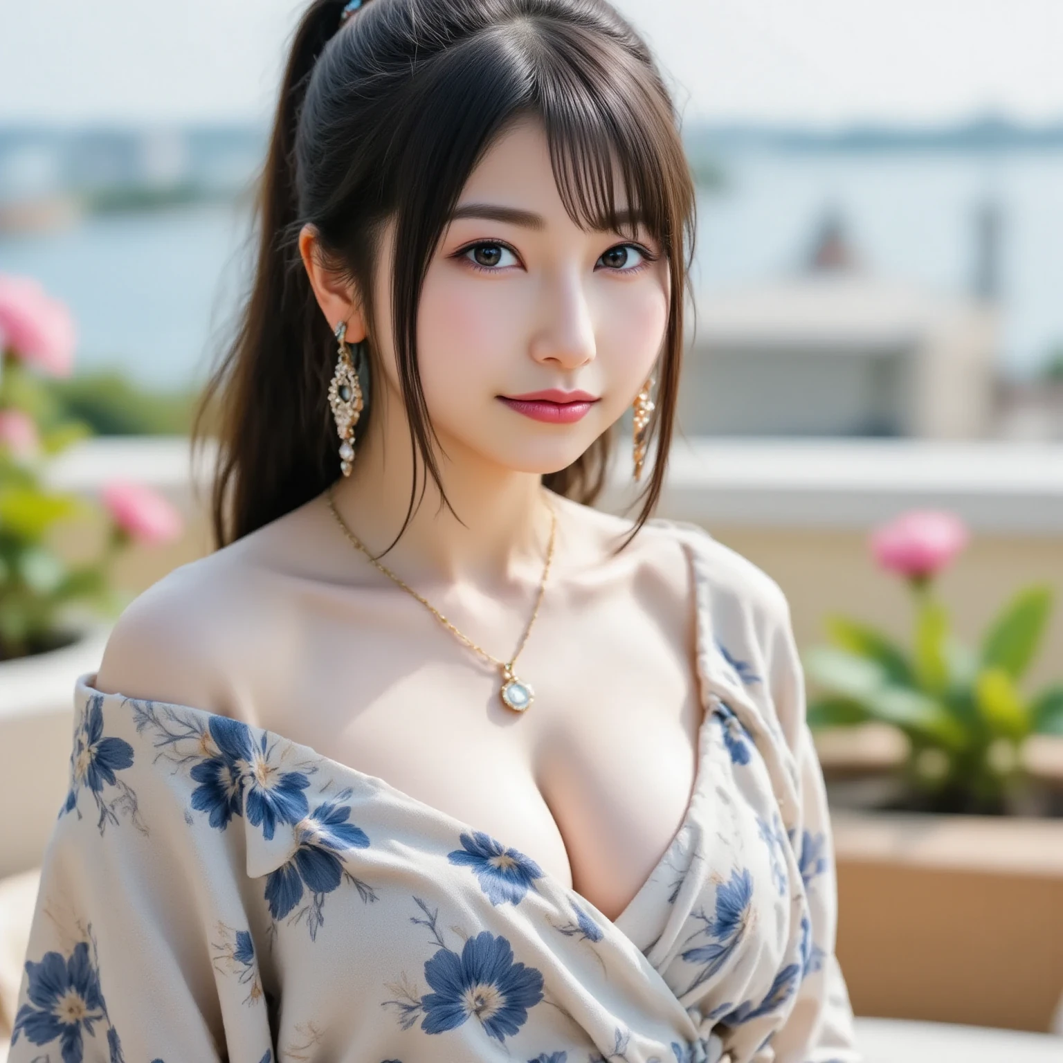 8k, RAW Photos, of the highest quality, Masterpieces:1.2、Raw photo、Portraits, high resolution RAW color photos, Professional Photos、Super Resolution, Realistic, Real Photos, 1 persons、super detailed, highly detailed and beautiful, Highly detailed, Amazing details、Cute beautiful woman with perfect body:1.4、Slim big:1.2、Full body image, Amazing details、Cute beautiful woman with perfect body:1.4、Slim big:1.2、shinny skin、Glossy lips、High-definition face and skin texture、A detailed eye、double eyelid、Highly detailedな、((The skin is shiny:1.2))、((Dark gray hair color、Ahair、Curled Hair)), ((Breast H Cup:1.2, very large breast:1.2、Too large breasts:1.2、Bursting breasts:1.2))、((((ample breasts:1.4))))、((((The skin is shiny:1.4))))、(Beautiful abs)、(High Definition Breast、happy facial expression), ((married woman:1.2))、((Big necklace、large earring))、((Off-the-shoulder kimono、Blue and black kimono)), (((Kimono with frills:1.1)))、((embroideries:1.2))、((full body Esbian:1.3、Shooting from a distance:1.3))、((shrines:1.2、multiple red torii gates、Kagami mochi、January))、((sit in front of the torii:1.3))、((Bold look))