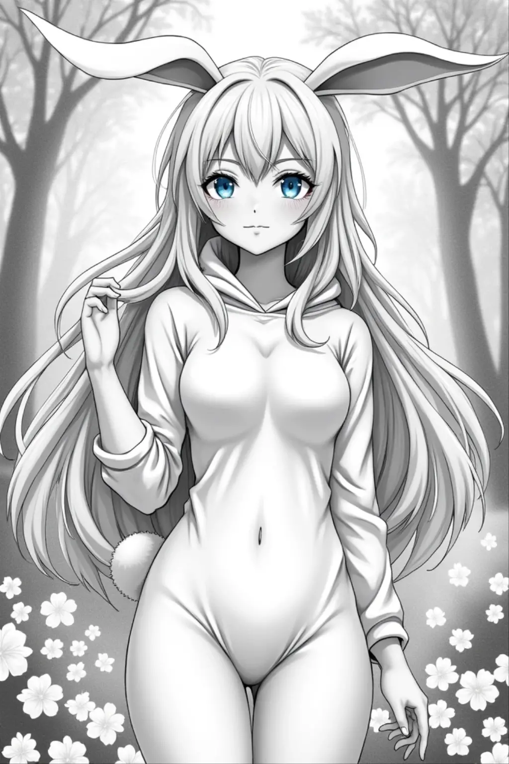 Monochrome manga style, youthful girl aged 18, striking blue eyes, porcelain pale skin, luminous white hair cascading down, hourglass figure accentuated in form-fitting bunny costume, average height enhancing relatability, expression radiating playful charm and innocence, dynamically posed within an enchanting backdrop, intricate detailing emphasizing character features in traditional manga style, expressive large eyes drawing viewers into the narrative, soft shadows and highlights creating depth, sharply defined lines emphasizing contours and movement, whimsical touches reflecting the playful nature of the bunny costume, characters illustrated in a way that embodies the unique aesthetic of manga with smooth hatching techniques, careful attention to fabric details of the costume blending texture and form, capturing the essence of youthful exuberance in a light-hearted narrative, visually appealing composition highlighting enchanting innocence and charm, monochrome palette enhancing dramatic effect, sharply contrasting blacks and whites, perfectly balancing character design with background intricacies, balancing light and shadow for a dreamy effect reminiscent of classic manga aesthetics.