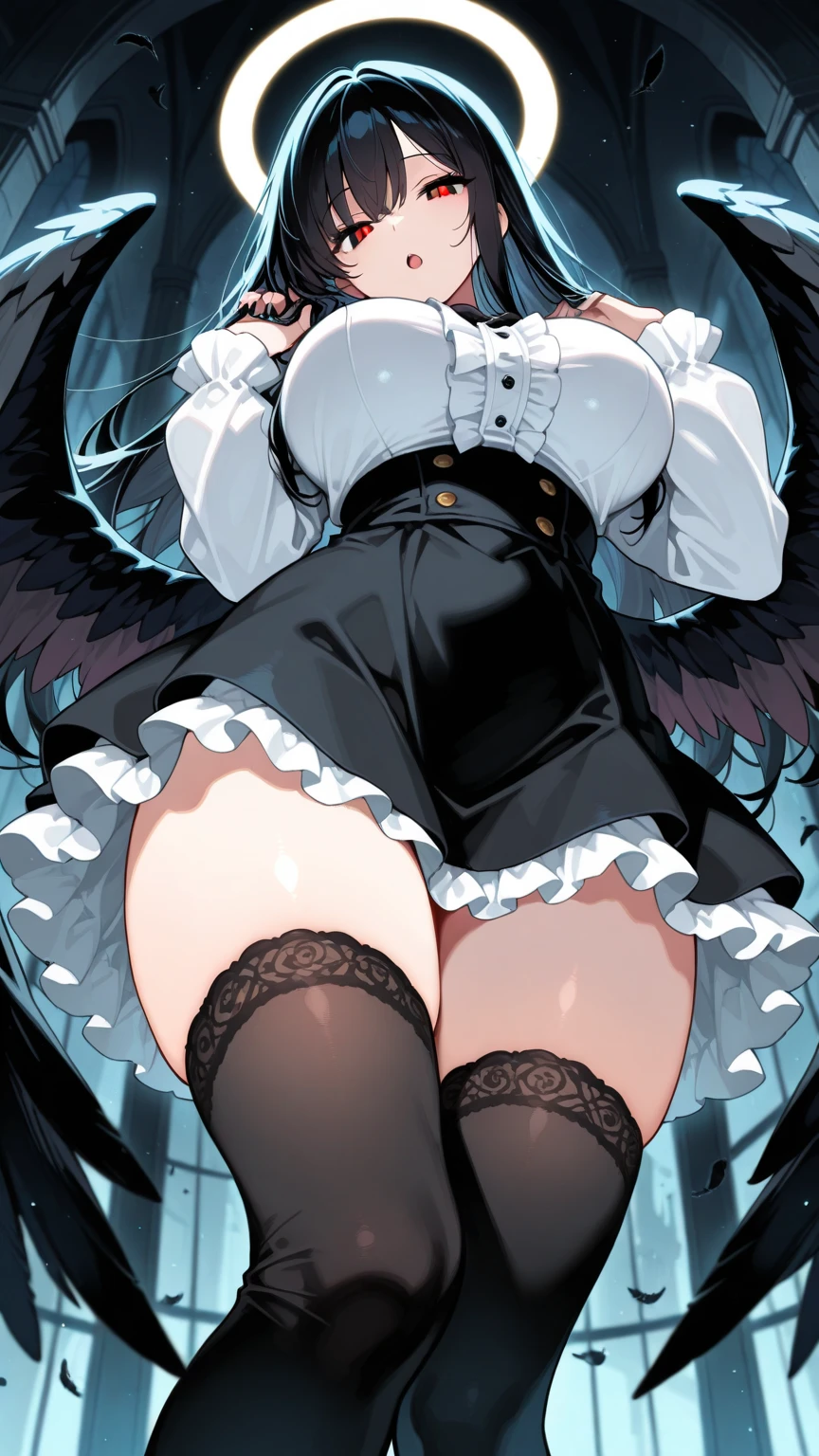 (((Masterpiece))),Best quality, Extremely detailed CG unity 8k, illustration, contour deepening beautiful detailed glow,(Beautiful detailed eyes), (1 girl:1.1), ((my)), Large top sleeve, Floating black ashes, Beautiful and detailed black, Red Moon, ((black cloud)), (Black wings) , the sky with clouds, Burning, Black dress, (Beautiful detailed eyes), Blackface was expressionless, beautiful detailed white gloves, (crow), bat, (floating black cloud:1.5),White and black hair, Disheveled hair, Long bangs, hairs between eyes, Black knee-length heels, Black ribbon, white bowties, midriff,{{{half closed eyes}}},((Black fog)), Red eyes, (Black smoke), complex pattern, ((Black feathers floating in the air)), ,Bigchest,Royal Sister,Pregnant belly,Pregnant belly