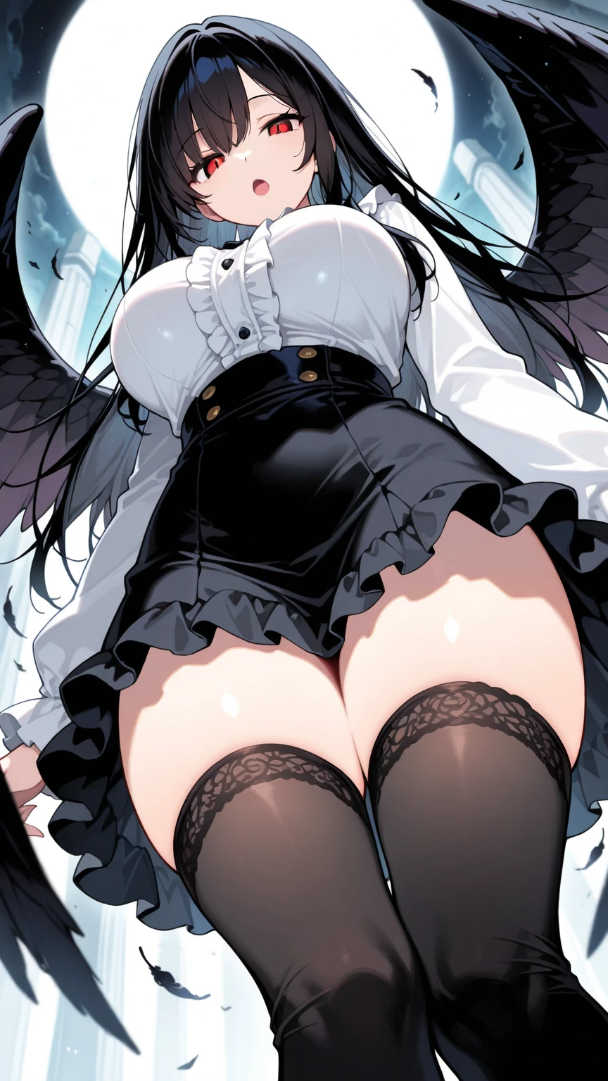 (high quality, 8k, 4K, high contrast, artwork:1.2, high quality, best aesthetics), ((1 woman)), erotic, sensual, mature body, super detailed, beautiful face detailed, beautiful eyes detailed, detailed beautiful mouth, perfect breasts, wide thighs, sexy body, (long straight black hair), (black eyes), (black lipstick), (black eyeliner), (black eyeshadow), (calm expression), (penetrating gaze), (black angel wings), (black cat ears), (black cat tail), (short black dress with short ruffled skirt and long sleeves), (centered), (looking at viewer), (standing), (inside a bedroom).
