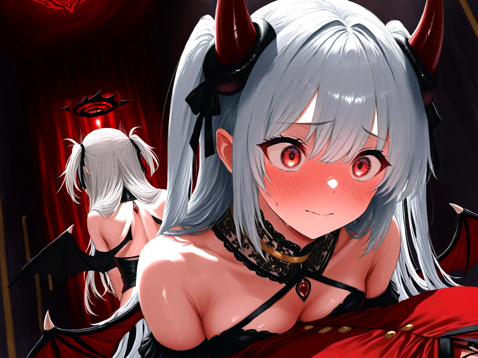 Nude anime, white hair, red eye, hentai, kawai, anime chan, oni demon, oni demon chan, spread legs