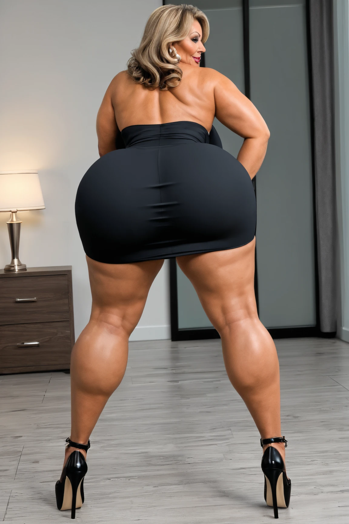 wide angle image of a black woman, front, dressed like a maid, enormous breasts, big ass, high heels, slutty, seductive pose, exited angry face, spread legs, standing in large living room, stockings, high garter, joy,
