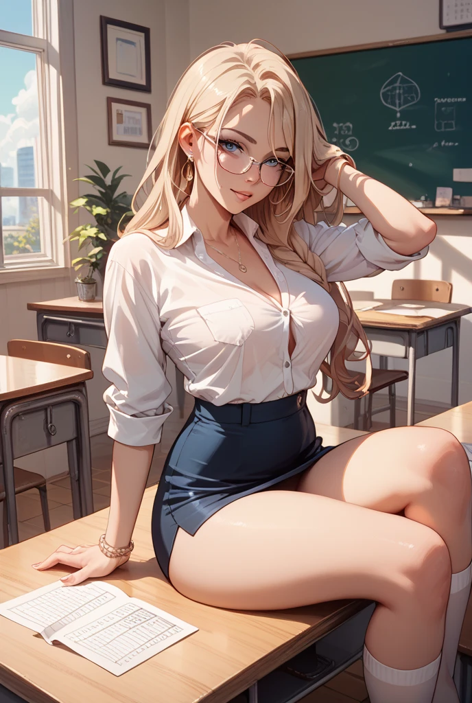 1girl, cleavage, ((medium breasts)), thick thighs, ((tight, unbuttoned denim shorts)), expensive glasses, plaid shirt with sports bra, pretty 18yo sitting at a school desk, (angled view), red lipstick (best quality, high quality, high resolution, masterpiece), (blonde hair in a ponytail), high quality 21st century clothes, highly detailed accessories, beautiful makeup, cinematic lighting and reflections, , ultra-detailed, high quality illustration, eye-catching, highly detailed eyes, sharp focus, , colorful theme, professional color grading, perfect color balance