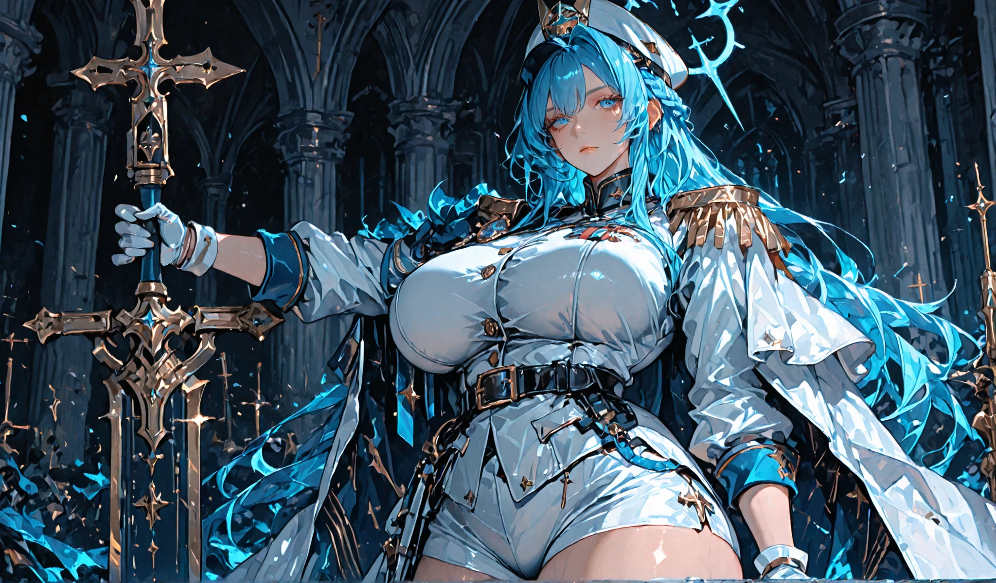 deathia,the night,darkly,(1female),blue  hair,long whitr hair,Abyss Eye,Shiny skin,oiled,huge tit,Rags,Treacherous,tiny faeries,Ultra-fine CG unity 8k wallpaper,tmasterpiece,blue flame，Warlock，Magic Array，Pentagram，Sing magic