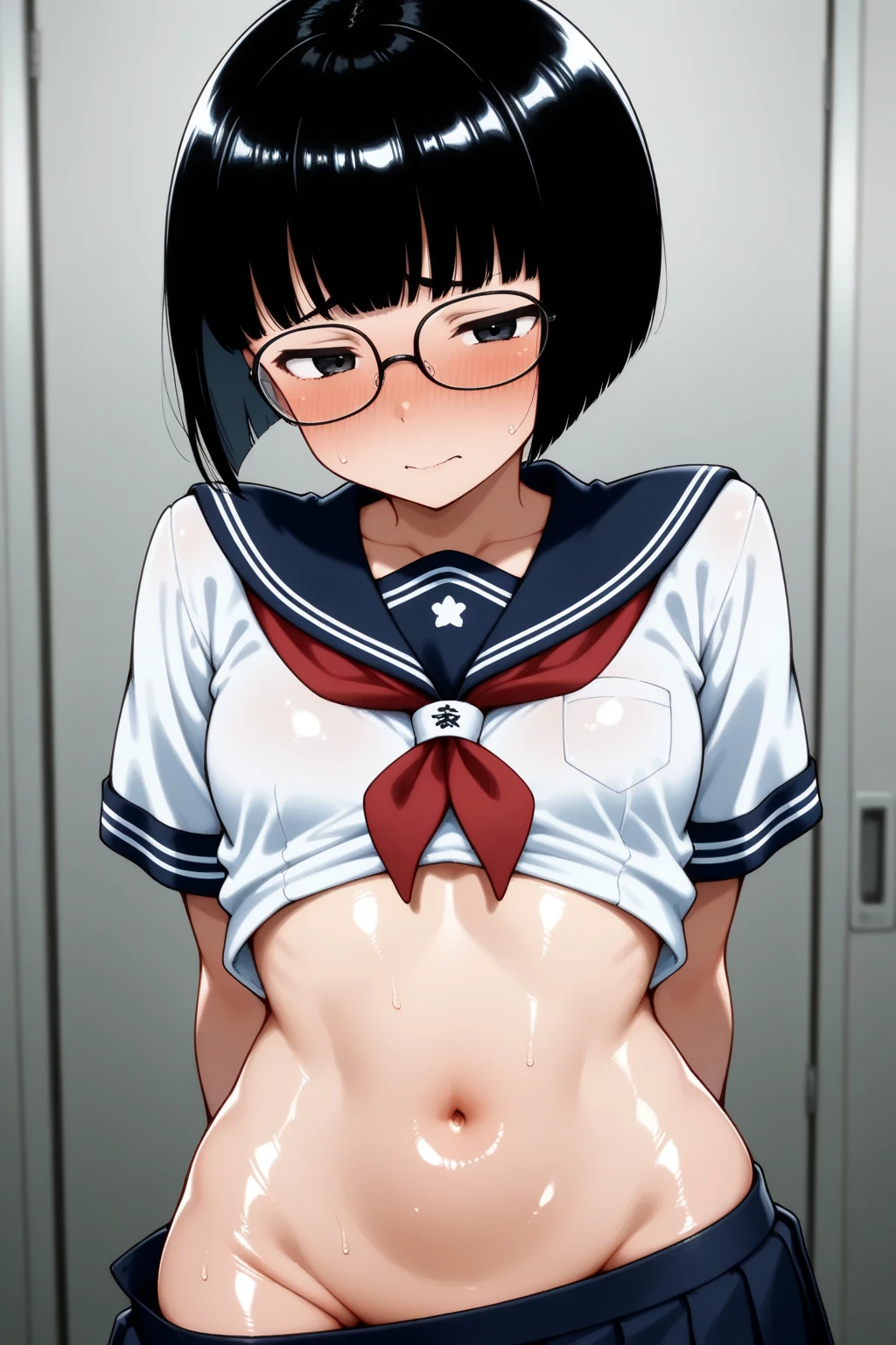 (masterpiece, best quality:1.2), front shot, 1girl, kawaii, (super big breasts, micro waist, very long legs:1.4), Black hair, short bob hair, short height, scrawny and thin body, Light Skin, cute big eyes, cute beautiful thin face, , serafuku, pigeon-toed, wet and sweaty, big visible ribs, sex with ejaculating super big penis ugly hairy man, Cowgirl position, V sign, Trembling, Realistic