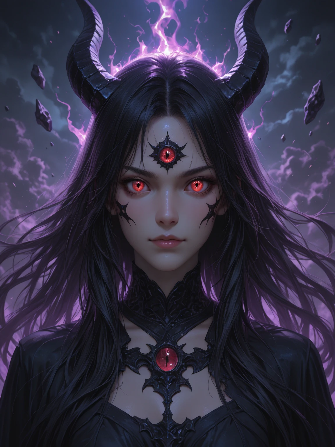 masterpiece, best quality, masterpiece, (1 girl), (LLChar), evil witch, dark energy, void, empty eyes, (extreme evil), dark magic, dark forest, negative energy, hell, void, stars, black hair,
