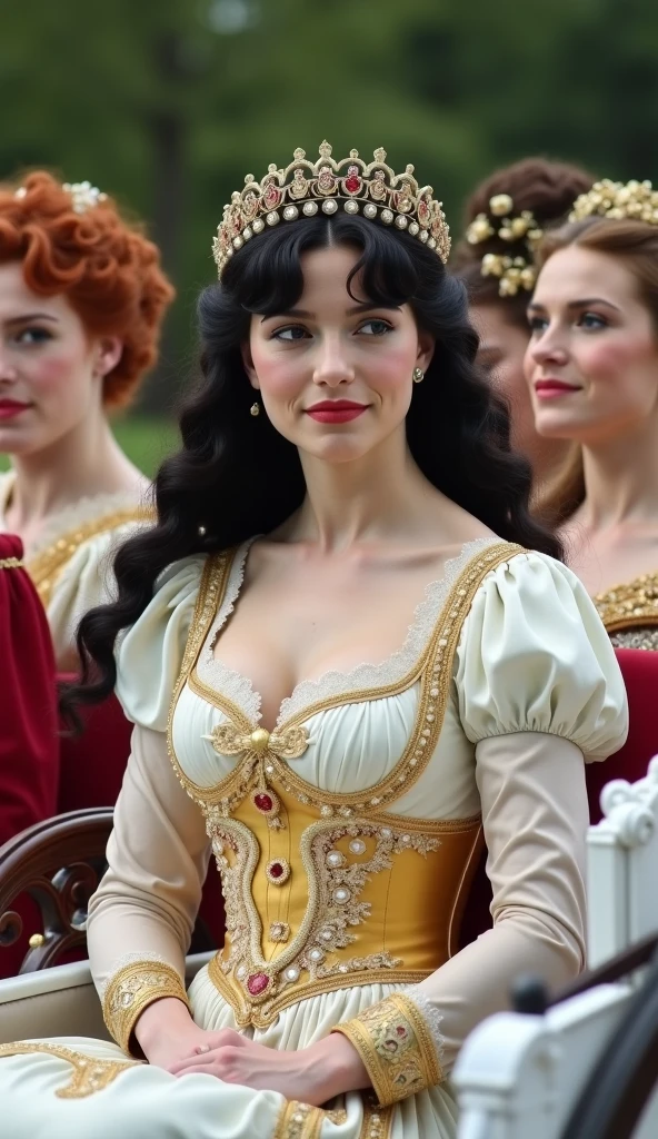 arafed woman in a gold dress holding a cup of coffee, beautiful alison brie magician, gorgeous female alison brie, golden corset, portrait of snow white, the queen of hearts, alison brie, queen of hearts, gorgeous young alison brie, golden dress, alluring mesmer woman, dressed as a queen, lovely queen, inspired by Hedi Xandt