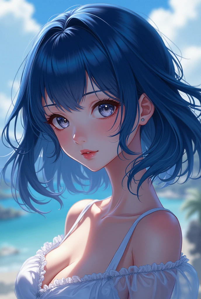 Realistic、1girl、blue hair、blue eyes、gradient eyes,(blue enamel bikini)、cute face,face focus,upper body:1.5,beach、wallpaper