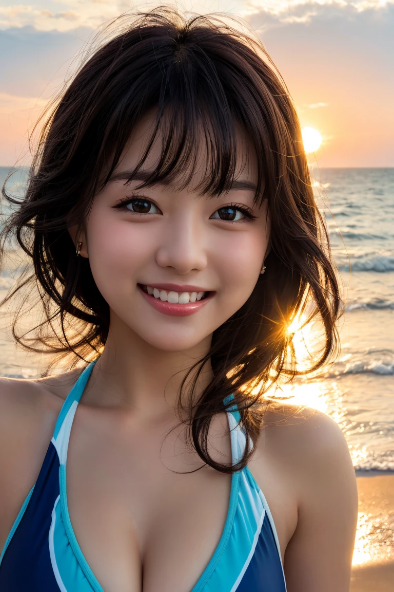 A 20-year-old woman with a very cute face like an idol、Smiling Kindly、((leica 50 mm prime lens, cinestill 800T film))、((cinematic lighting))、(Cleavage)、one piece、(((Beautiful starry sky on the beach at night)))、((Very dim lighting))、((Don&#39;t expose your face to the light))、((Long-distance shot))、(live-actionと見分けがつかない高品質)、RAW Photos、Genuine、live-action、(Artistic Expression)、High resolution、masterpiece