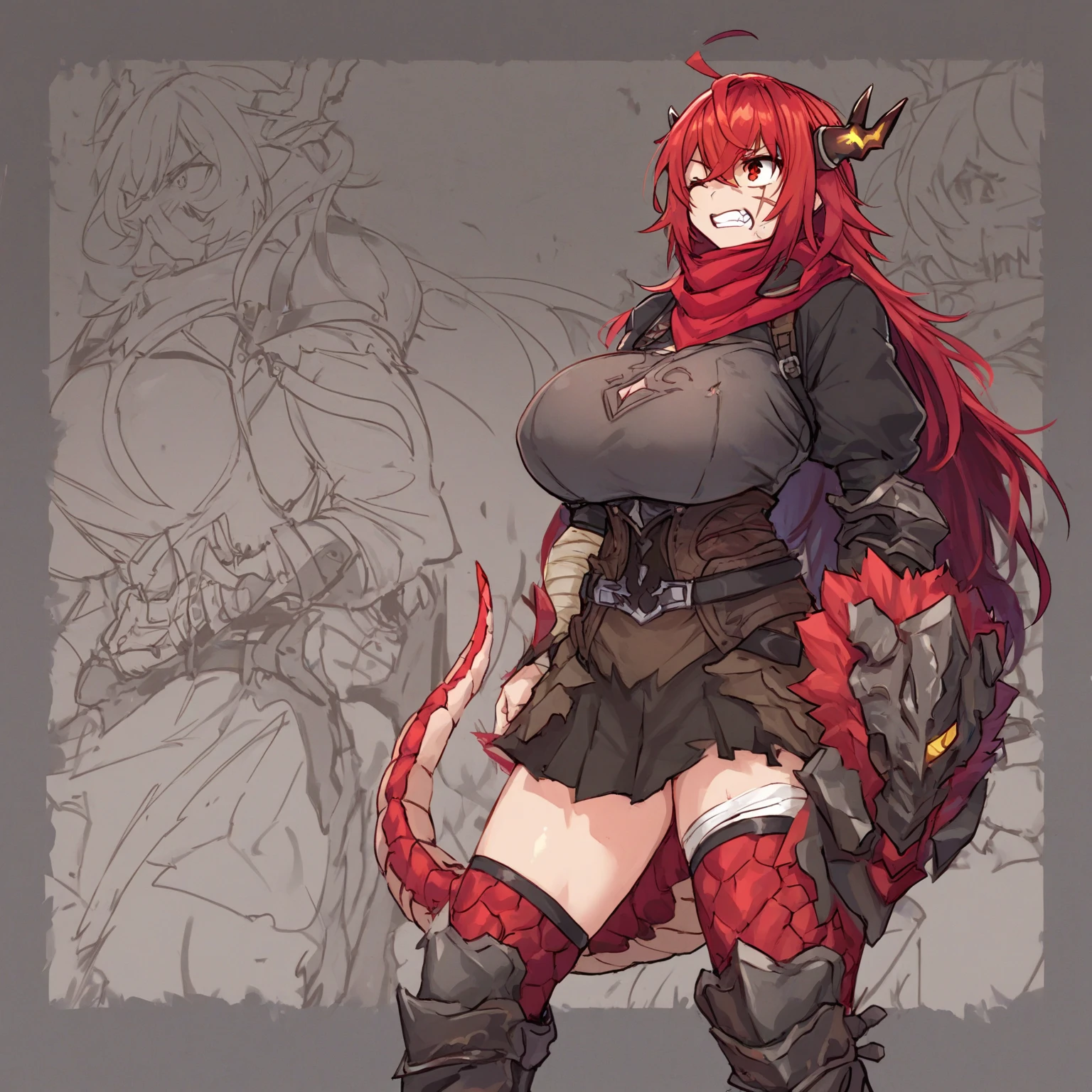 Fire horns, cyberpunk, armor in the style of Horizon Zero Dawn, Red-haired girl, fiery, green eyes, pigtails, a wreath of fire horns on her head, barbarian, a huge techno cannon in her hands, a huntress, bones on the body, insect plates, chitin, fur, small bones, light bones and red fur on the shoulders, dark leather stockings made of strips of cut leather on the legs, ropes and light bones on the body, thin panties, a small bra made of bones, bright red hair, jewelry made of horns, a fur gun. Instead of underpants, rope, bones and chitin, fur shoulder pads and with chitin, a tail of hair on the back of the head, a short haircut, a bionic cannon in the form of the mouth of a wolf, shark, dragon look up. The girl has green eyes, a playful look, a good-natured smile, a neat nose, tight panties, tight thongs, mini-underwear, leaky underwear, torn fabrics, a lot of torn fabrics, a lot of holes in fabrics, a cannon with a monster's head, a cannon barrel in the form of a monster, a flame bursts out of her mouth, a portal in a cannon. The girl has short hair, a ponytail at the back is short and looks up, fur shoulder pads, a jacket on the shoulders, a torn bra, the pubis is open, diagonal straps all over the body, powerful energy escapes from the open toothy mouth of a cannon, a bird's skull on a girl's belly, tattoos, vertebrae on the edges of stockings, cyberpunk, ethnic style of clothing, vintage clothes, worn, prehistoric style, prehistoric jacket, elbow pads made of insects, chitinous cannon, bionic cannon, torn jacket sleeves, chitinous plates on the jacket, flame flashes, cyberpunk, the whole cyberpunk style, a lot of technology, technologies of the future, futurism, science fiction, fantasy, wildness, sexuality, emphasized eroticism, cold lighting, flames from everywhere, a lot of fire, bones on the shoulders, small details on the shoulders, a skull on the belt, the girl has curly hair, tattoos on her face, maximum nudity, diagonals, caveman, prehistoric image,