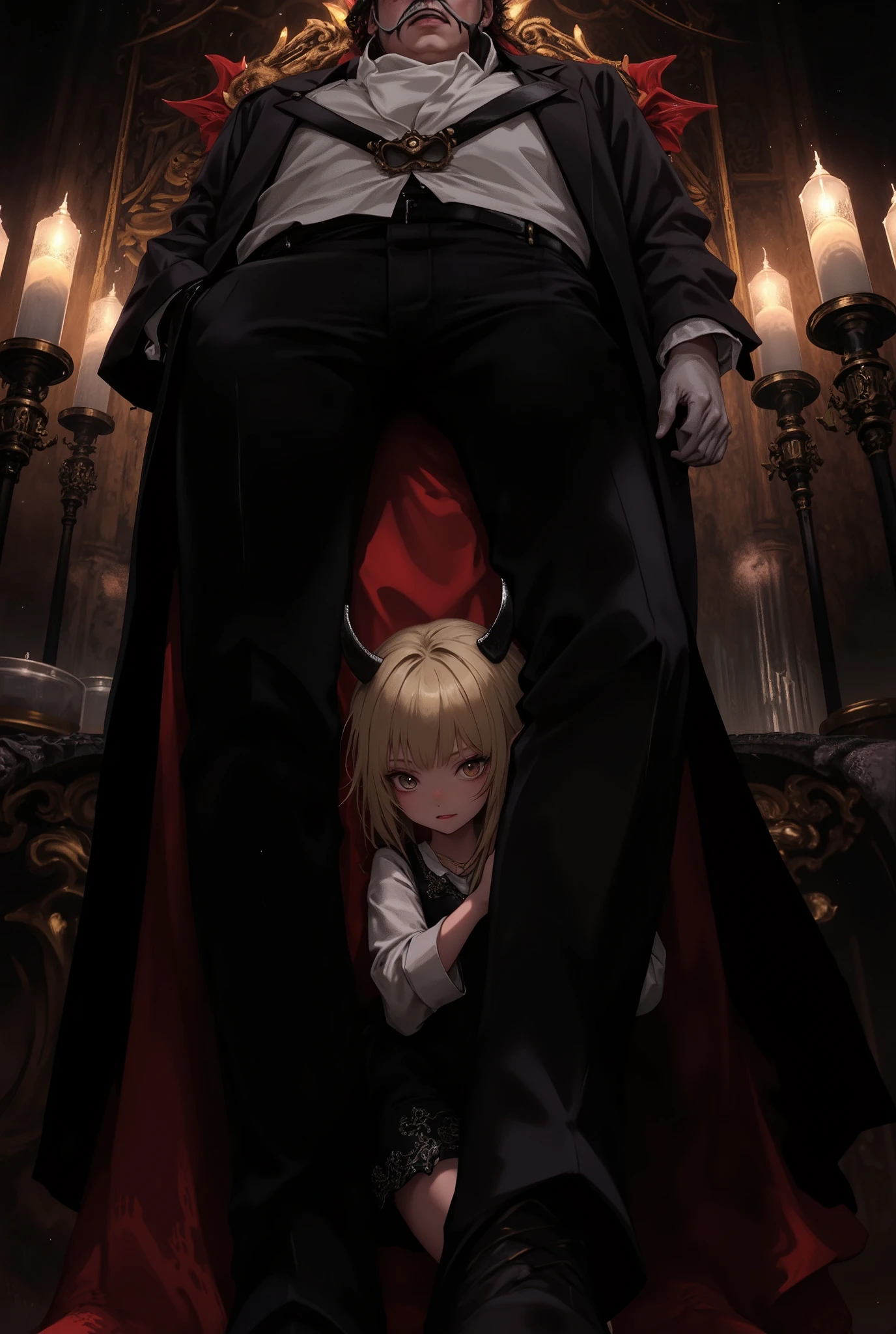 masterpiece, best quality, high quality, newest, highres, absurdres,
1girl, solo, devil girl, demon child, shy, hiding, blush, nervous expression, golden eyes, blonde hair, black horns, sharp canines, yaeba, 12yo, long hair, blunt bangs, ornate black dress, hair ornament, earrings,
tall adult man, demon butler, red horns, glasses, white gloves, black formal suit, refined appearance, standing with dignity,
the girl is a small demon, nervously hiding behind the demon butler’s legs.
she is peeking out from behind him, gripping the back of his leg with one hand.
only her eyes are looking directly at the viewer, with a tense and bashful expression.
emphasize her hiding posture behind the tall man’s back.
focus on the girl’s face, highlight her shy and anxious mood.
low-angle view to amplify her vulnerability and the contrast in size between the two characters.
background: dimly-lit demon lord’s throne room, gothic style, candlelight flickering, dark and majestic, the grand throne visible behind them