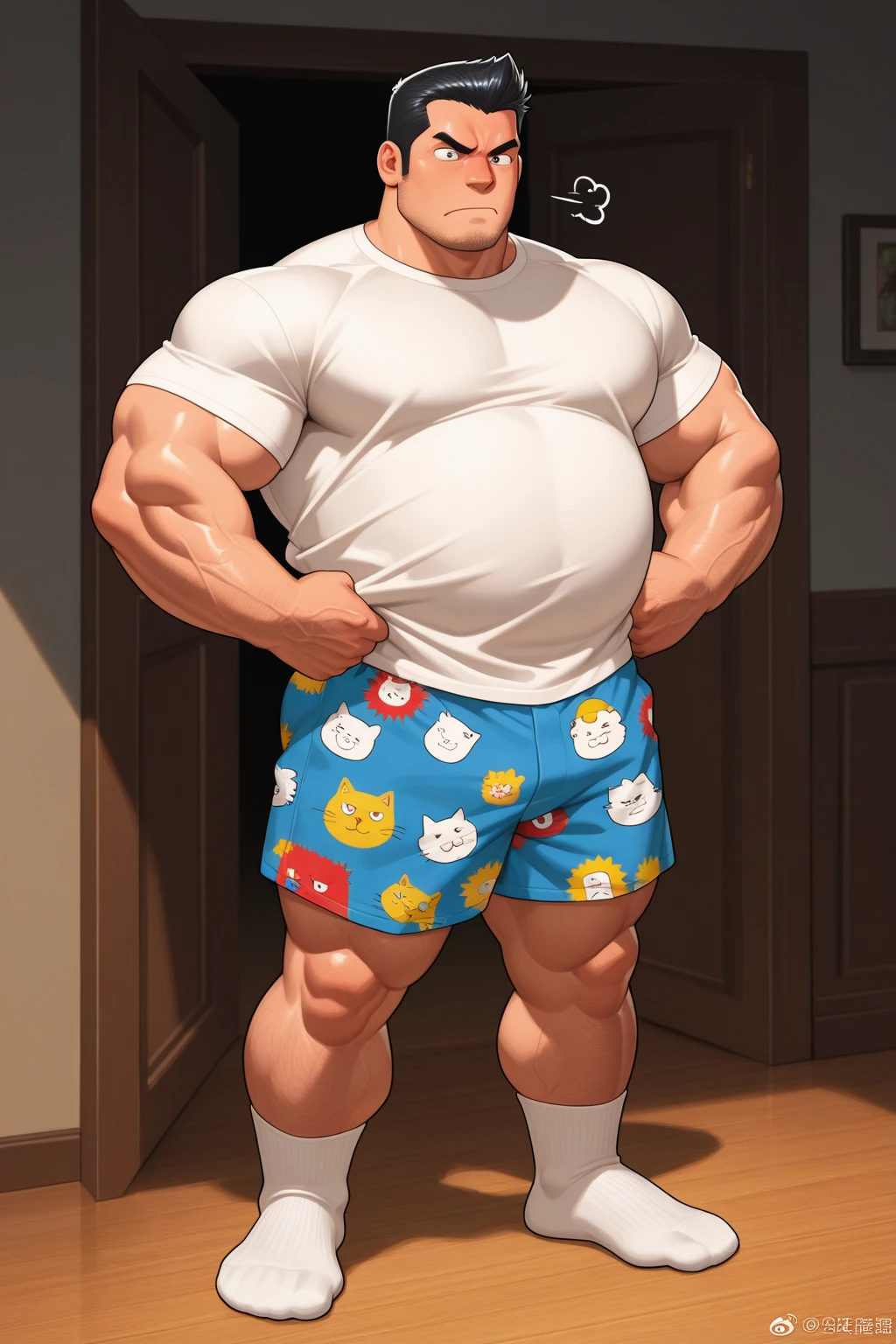 a smiling obese old man, chubby, big fat, detailed realistic portrait, 8k high resolution, sumo physique, side view, perfect center, full view, realistic skin texture, wrinkled face, short hair, thick mustache, white hair, bearded, jovial expression, huge belly, fat, wearing shorts, high detail, masterpiece, (best quality,4k,8k,highres,masterpiece:1.2),ultra-detailed