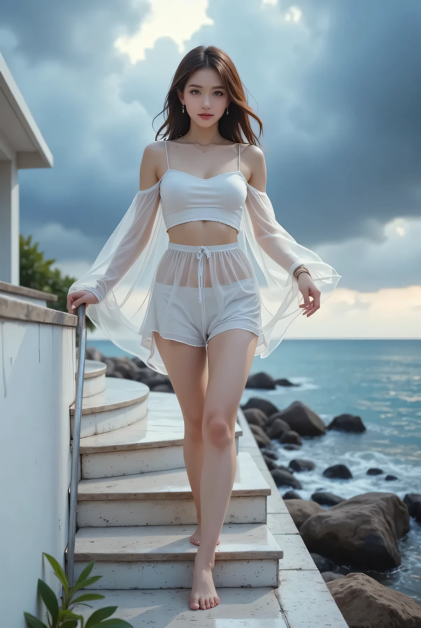 1 girl in、25-years old、I can see the lower breasts、full body Esbian、Brunette's、Sea beach、A slight smil、no brassiere、No cleavage with pants on、exposed bare shoulders、Thighs exposed、(Dark pubic hair:1.5)、perfect body type、Skin glow、smirking face