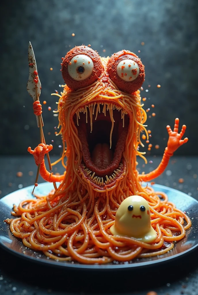 garfield (aggressively devouring lasagna monster eyes:1.3) <lora:Creepy Creature Smile:1> (nice_smile, creepy, horror, scary:1.3), open_mouth, gross, (gore, organs:1.53)