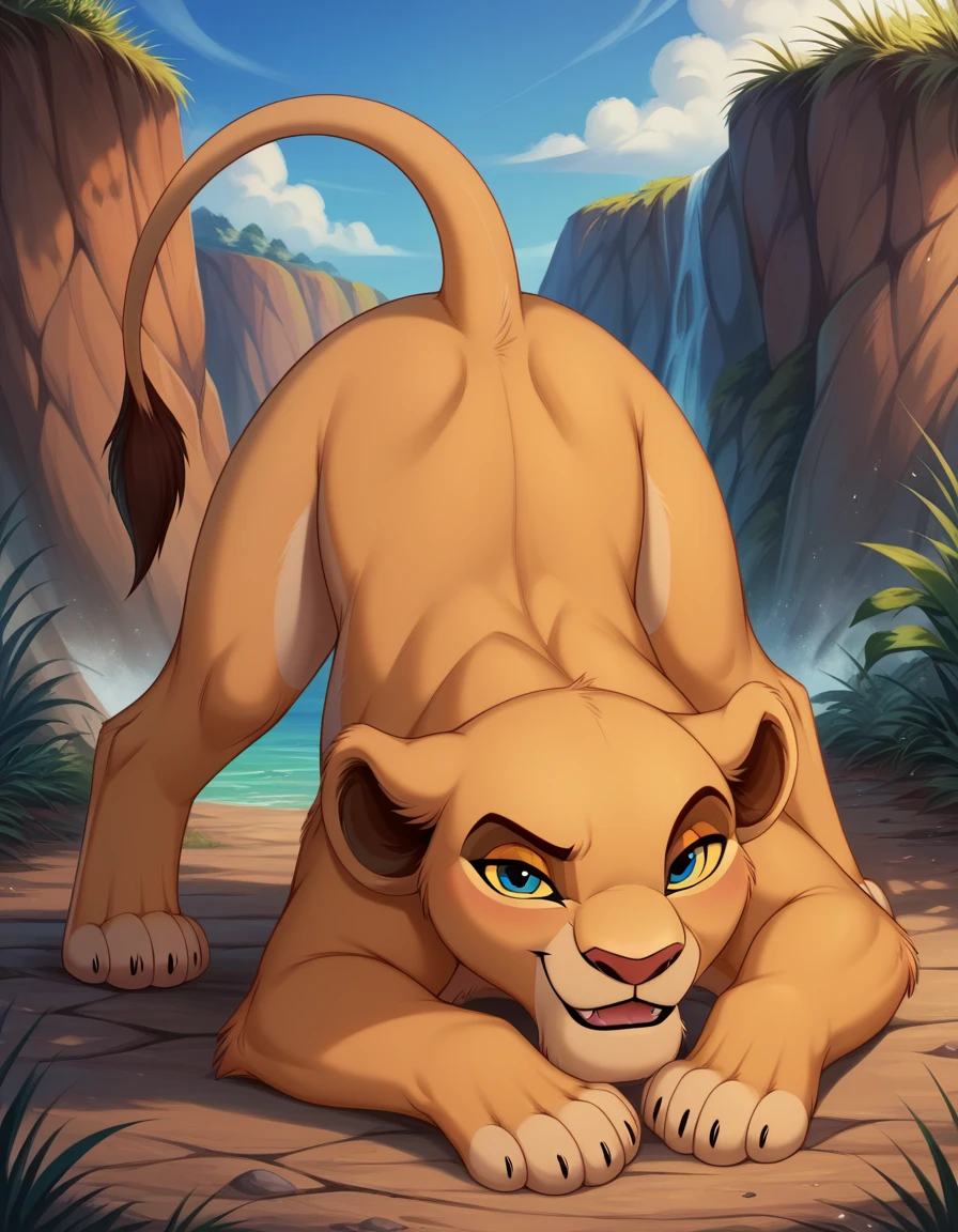 score_9, score_8_up, score_7_up, score_6_up, source_furry, disney, (the lion king:1.2), lioness, (adult nala), nala, ((Jack-O pose)), feline pussy, pussy juice, solo, cute, feral, (4 toes), paws, (blue eyes:1.2), (lidded eyes:1.0), (smile:0.3), open mouth, fang, white teeth, playful, looking at viewer, (dewclaw:0.5), bedroom eyes, raised tail, solo, three-quarter view, back view