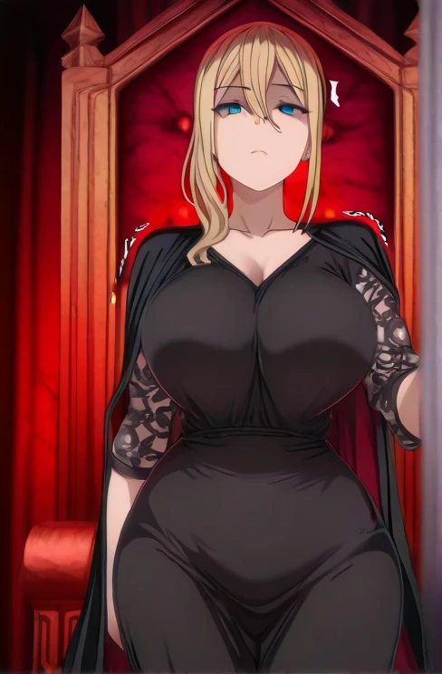 A woman with sophisticated black dress in a luxurious German house, hair yellow, eye blue.