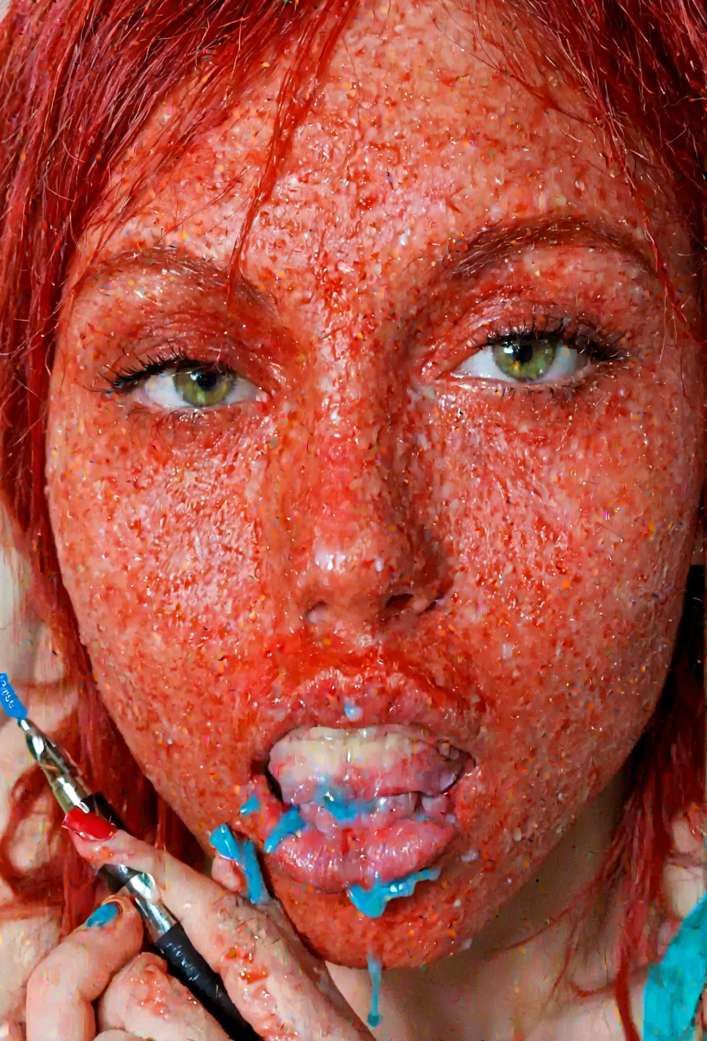 A close-up of a woman's face, with her eyes closed and lips slightly parted as if she is enjoying the sensation of vibrant (((green, white and red))) paint being smeared on her face. The background is dark concrete, enhancing the colors of the paint splatters that are strewn across her cheeks and neck. (dripping paint:1.7), paint on face, head backwards, paint on hair, long straight dark-brown hair,