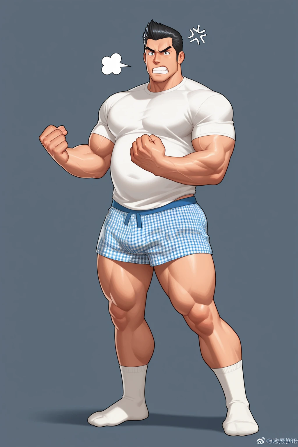 a anime of a man with purple hair and a blue underwear, beefcake pose, full character body, heroic masculine pose, male body, realistically proportioned body, whole body highly detailed, shirtless :: high detail, masculine pose, complete detailed body, realistic shaded perfect body, perfectly shaded body, oppai proportions, full body details, detailed body, character posing, bara, adult, anime spiky hair, anime man, muscle