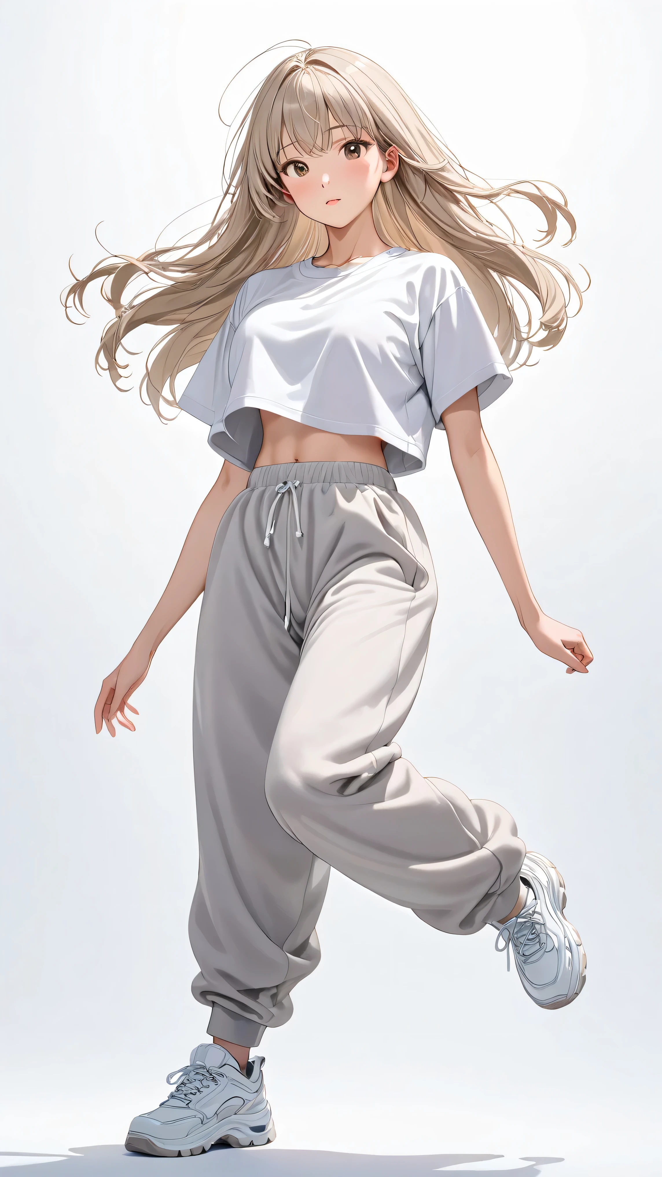 anatomically completely correct、Full-body view of a young woman、solo、fearless face、detailed expressions、Has long beige hair、shiny hair、wolf cut hair、Plain white short-sleeved cropped t-shirt、sports bra、(plain baggy middle gray sweatpants, cotton, fleece-lined, soft matte fabric, no shine)、wearing sneakers、white sneakers、Wrinkles in clothes、 Shading on Clothes 、dancing、  slightly below、staring at the camera、(Floating in a pure white void, Featureless white background, Uniform ambient lighting floating in a pure white space, No Shadow,  uniformly illuminated )、high res、Super Detailed、Slightly anime-style illustration of a great masterpiece、Professional Lighting、No animals、There are no others、