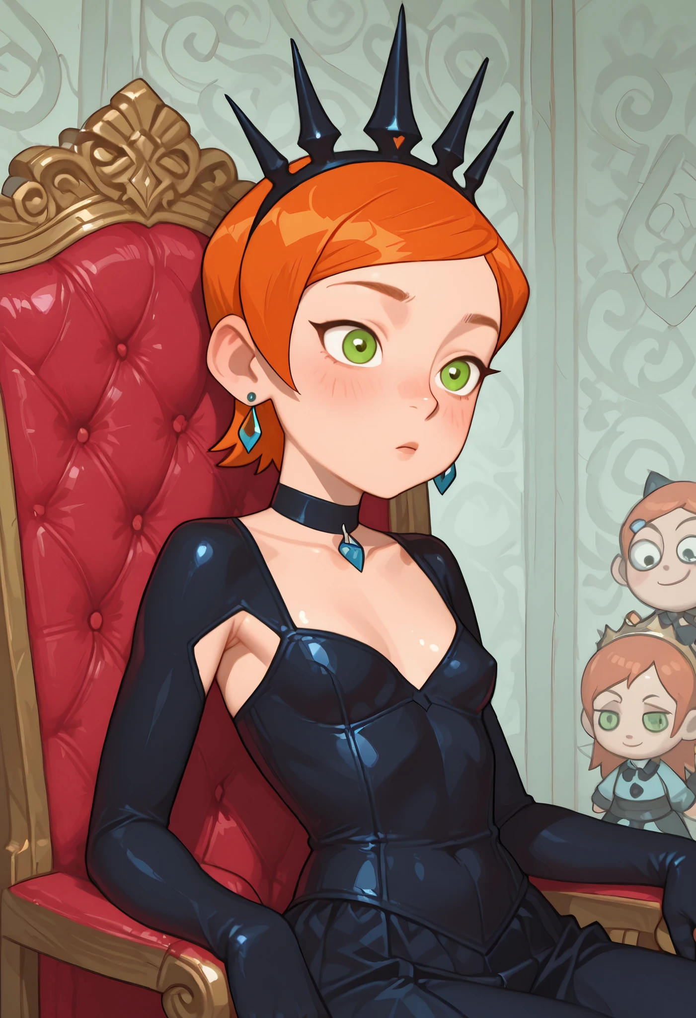 Gwen Tennyson . ginger . short hair . green eyes . flat breasts, flat chest, huge hips . slim body . choker . | (anime)、1girl、girls、beautiful shadows、Softness、innocence . masterpiece, High Quality, live-action, 2.5Dcomic style, Pastel oil paint, Toon Shading Drawing, 2.5D painting 、surrealism, fantasy art style、Exaggerated Beautiful Eyes、Hypnotic、Devil's Horn、crown、Shy personality、Playful expression, dress、Sirinshadow、gloves、cloudy expression、sits on the throne、(((((A cute little doll holds it up in front of your face、I can't see my face)))))