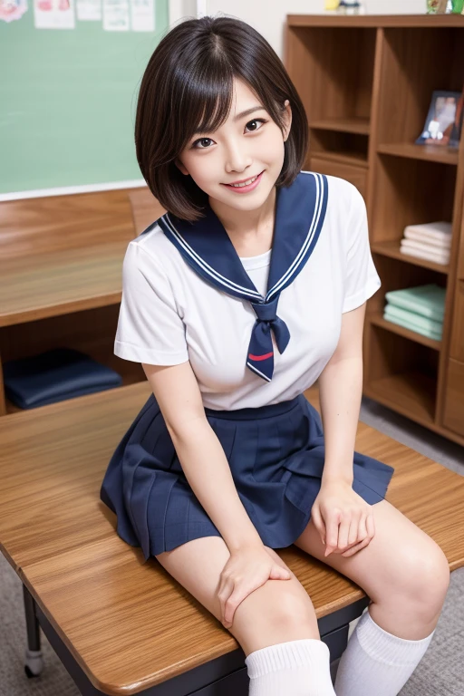 highest quality、Ultra-high resolution、8k、masterpiece、Clear photos、Sharp focus、Delicate and beautiful 、Very cute school girl、thin、very short navy pleated skirt、mini skirt:1.8、Very short bob hair、Brown Hair、smile、Squatting with legs apart facing the camera:1.6、In the school classroom、Beautiful legs、Showing off her lacy white underwear:1.8
