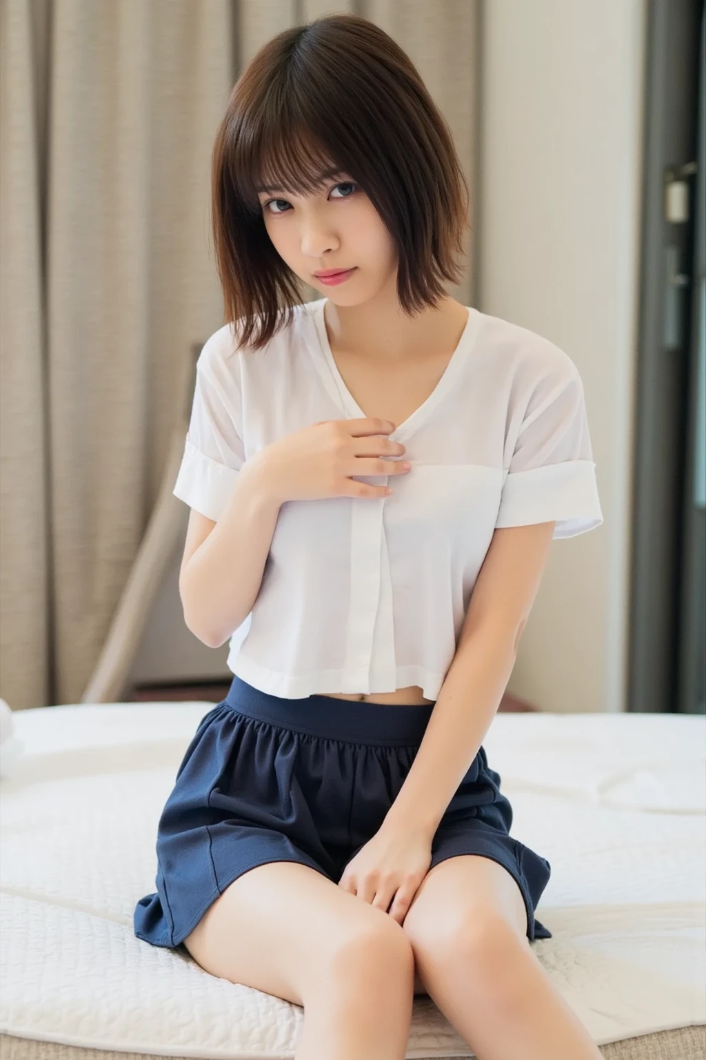 (8k, RAW Photos, 1 person, Purple panties, Bobcut, Summer school girl uniform, Ultra-high resolution, Highest quality, masterpiece: 1.2), (Realistic photos), (very detailed cg Unity 8k wallpaper), wonderful, beautiful, wonderful, Ridiculous, Lace panties, bow, Sitting, Panty shot, Spread your legs, skirt, 15 years old, small, Flat Chest,beautiful face,whole body,Dark look,Bright black eyes,anger, thin,difficult,Slender body,Black medium-sized oblique head,Realistic,Cute Face,Bobcut,Brown eyes,small eyes,office,whole body,Nogizaka Idol,actress, Japanese Idols