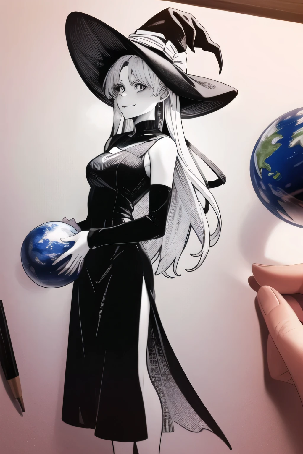 Can you draw the devil of an introverted woman，long dress，long hair，I'm thinking about a plot to conquer the world with a model of a globe，give top priority to facial expressions so don't crop your face，the figure of a witch looking at the Earth from outer space，