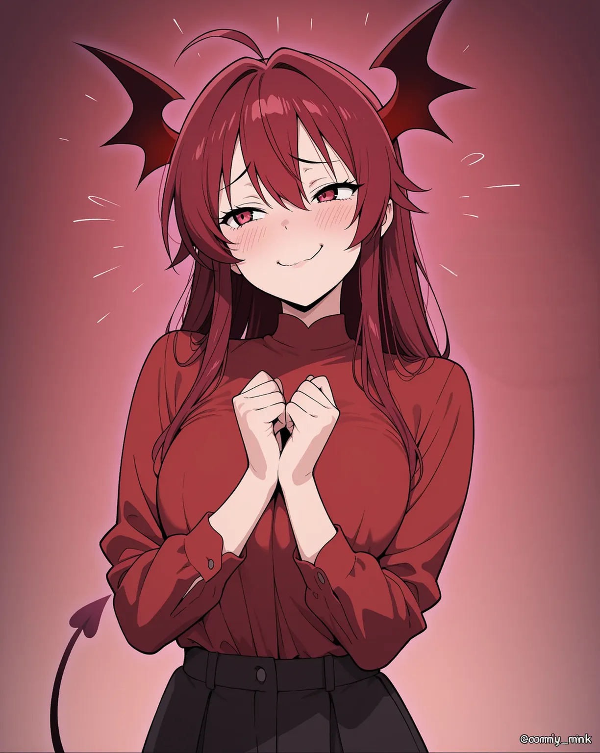 annytf, 1girl, portrait, upper body, bat wings, hands dovering chest, black sweater, blush, red eyes, red hair, cleavage cutout, clothing cutout, vampire girl, hair ornament, heart cutout, long hair, long sleeves, looking at viewer, big breasts, one side up, parted lips, smile, solo, star \(symbol\), star hair ornament, turtleneck, turtleneck sweater, virtual youtuber,
