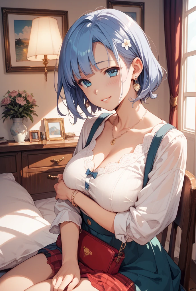 Adult woman, short light blue hair, blue eyes, blue robe, liying on bed, Smile, Masterpiece, hiquality, high detail, HD, 4k