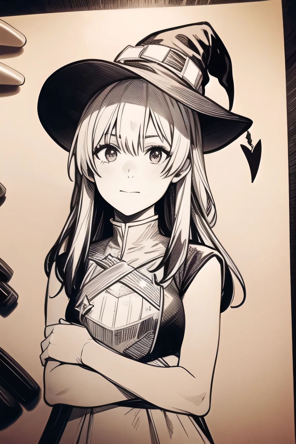 can you draw a demon of a shy woman,long dress,long hair,I'm thinking about a plan to conquer the world with a model of a globe,I prioritize facial expressions, so don't cut out her face,The appearance of a witch looking at the Earth from space,