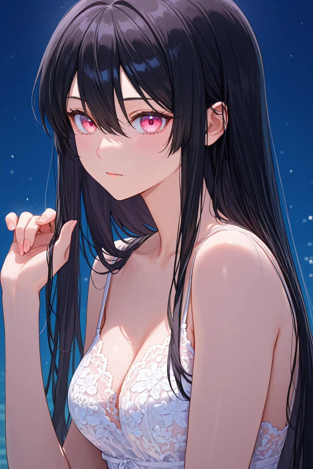 ((Highest quality)), ((masterpiece)), (detailed), One person, Almond Eye,night,静かなnightの山の上, The shadows of two people sway, Words exchanged under the stars, Resonating deep in my heart,Close up of face
