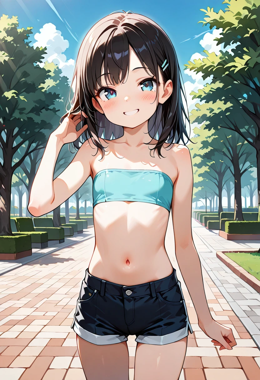 masterpiece, best quality, girls group shot, (little girl), 10yo, cowboy shot,
 smile, standing, tube top, Navel, dolphin shorts, park, grass,