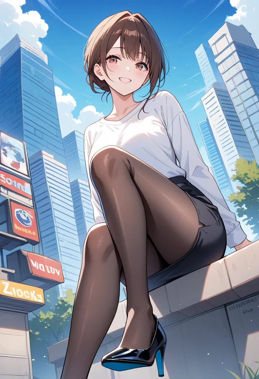 (8k、RAW Photos、最high quality、masterpiece:1.2),Detailed face and eyes,最high quality, Ultra-high resolution, Very detailed ,Intricate details ,Tabletop ,cute , Soft cinematic light, Hyper Detail,Sharp focus, high quality, Blonde, Long Hair, valley、 outside,((White cardigan)),((White shirt)),(Denim mini skirt)、Black socks、(Black knee socks)、(Loafer shoes)、in Tokyo street、night、Cityscape,Small breasts,Flat chest,Brown Hair,Shortcuts,Messy Hair,Slender beauty,Beautiful feet