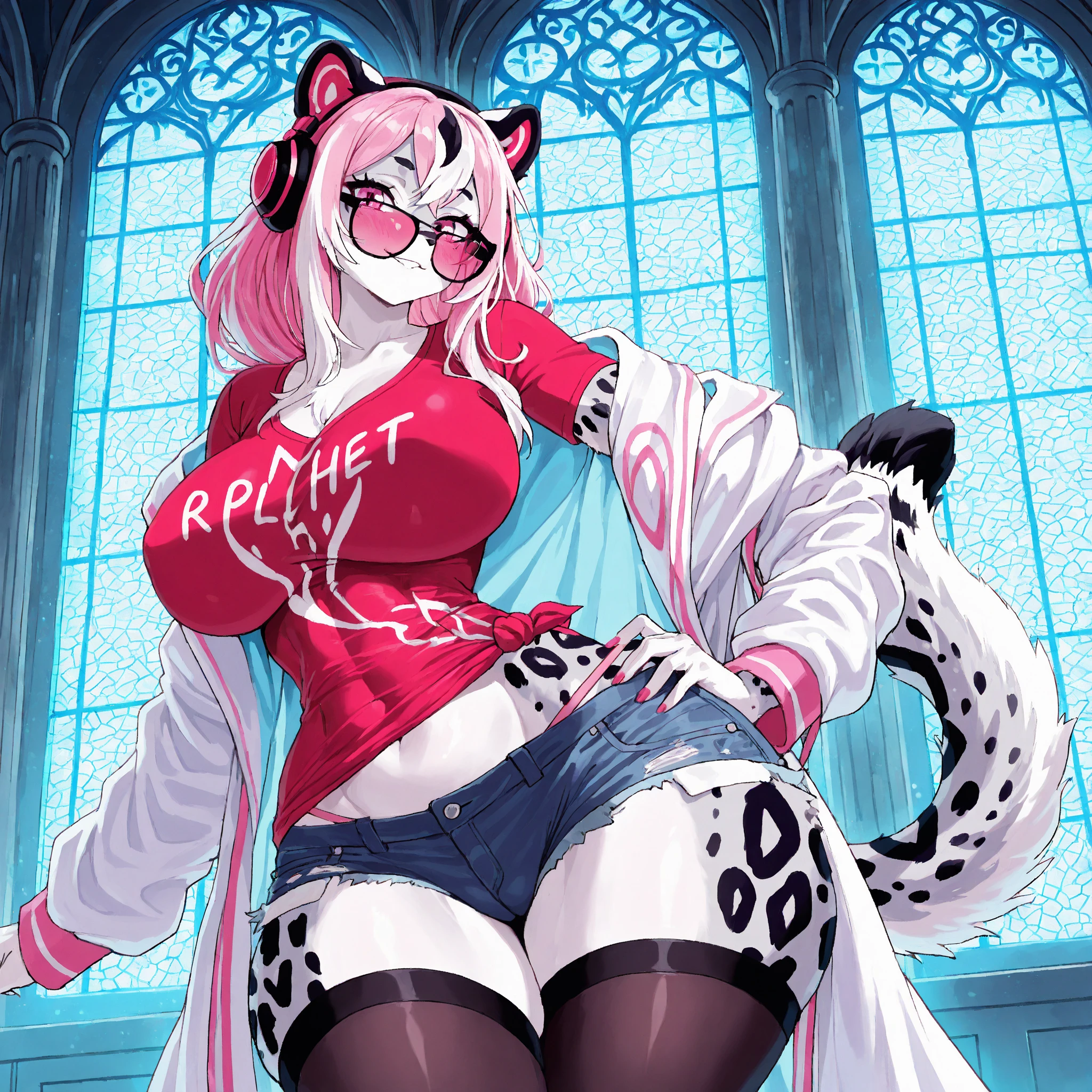 IMVU, pink hair, pink heart eyes, white round glasses, pale skin, white and pink cow ears, white horns with pink bows, fuzzy white jacket with pink spots, pink cowbell choker, kawaii, soft, high quality, masterpiece, 8k