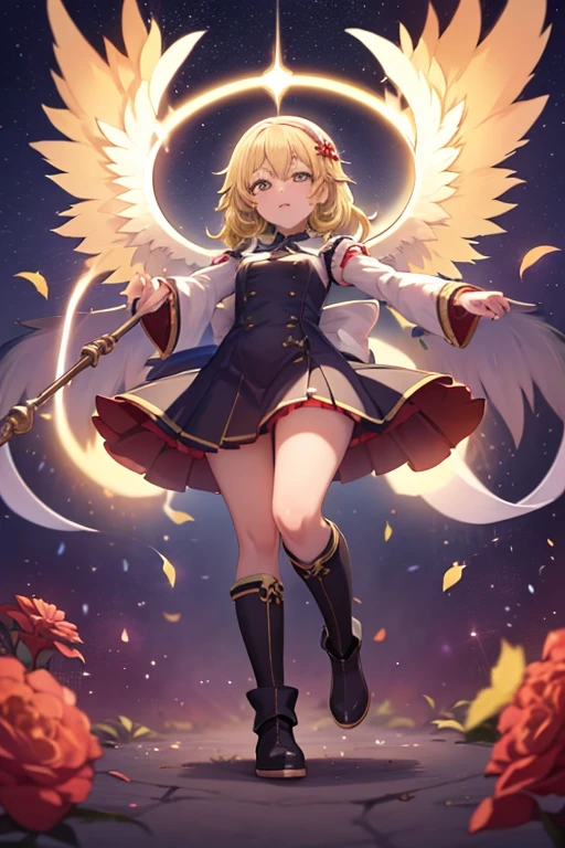 1 girl, cowboy shot, solo, perfect anatomy, standing, mami tomoe, masterpiece, best quality, highres, big breast, smile, close one eye, wince, happy, (white laced panties:1.2), sacred, glitter, sparkle, god ray, tyndall effect, scenery, holding gun toward viewer