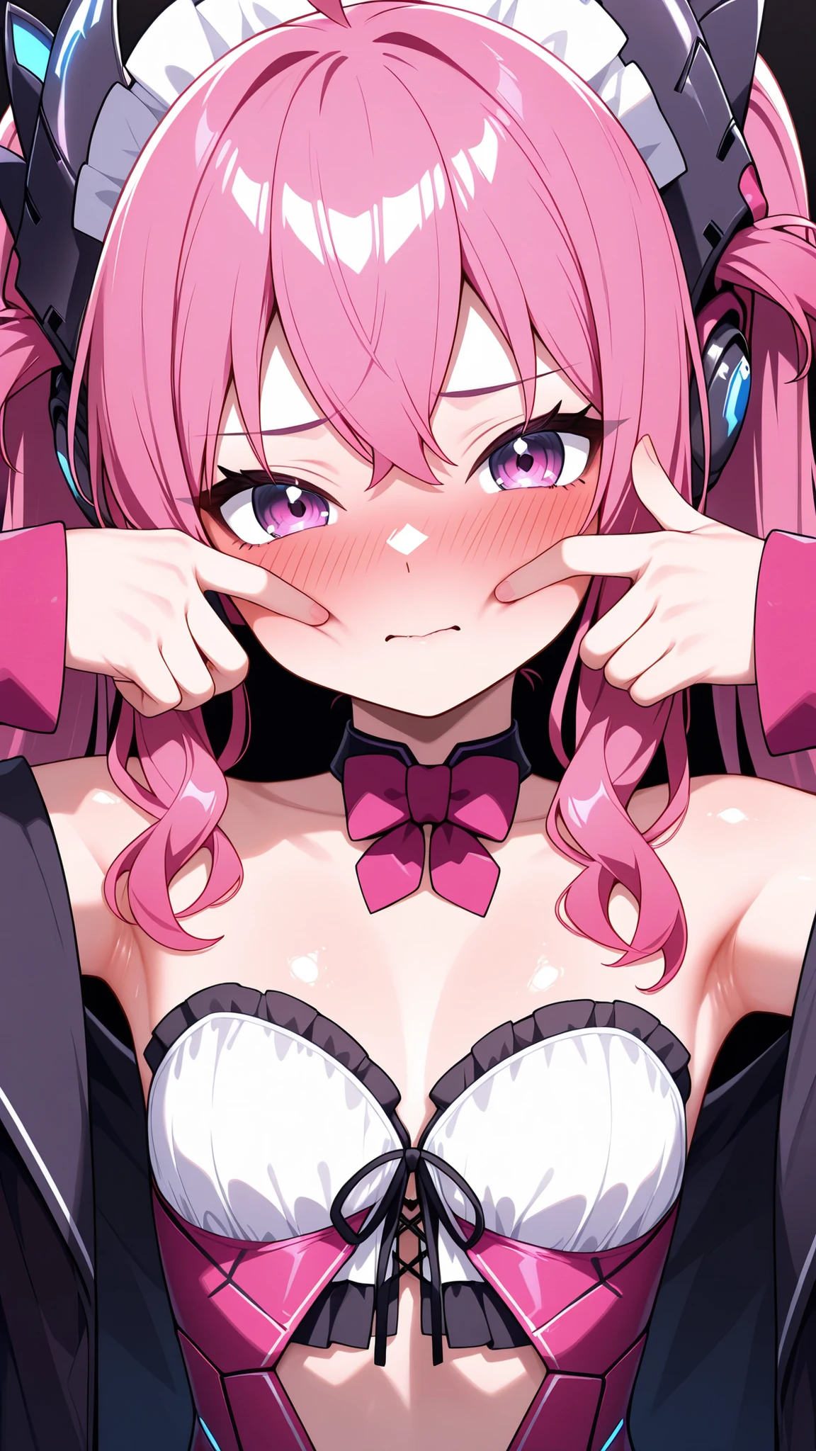 solo, grace_sveg, Tight waist、Small waist、shiny Skin , (cute maid), off shoulder, upper body, hide your face with both hands、 face partially covered by hand, fingers spread slightly, eyes shyly peeking through fingers, embarrassed expression, blushing cheeks,