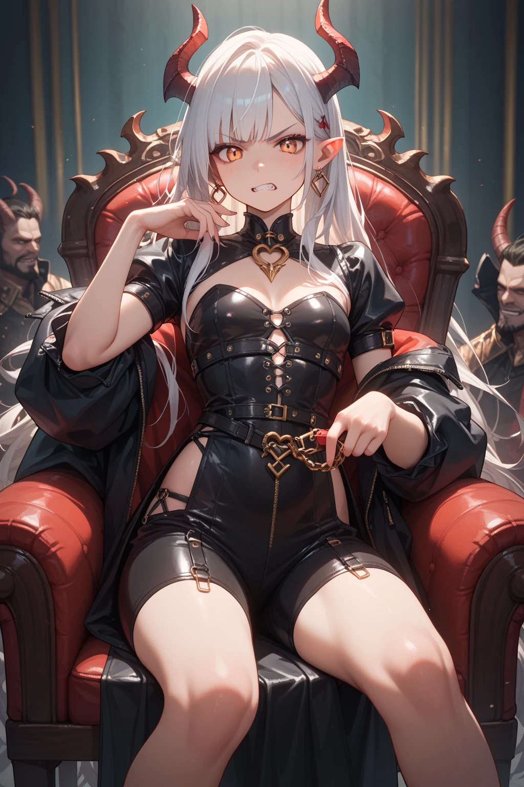 (masterpiece, best quality, HDR), a woman, solo, Ray Tracing, (looking at viewer, evil smirk:1.1), (from_front, front angle), (detailed thighs, detailed legs), (best colors, colorful), (glistering shiny), shiny, 
((white hair, long hair, hair blades, thick hair, bangs)), (flame hair tip, fire hair), ((red gradient eyes)), ((((++glowing eyes)))), (demon horns, red horns), (white pupils, demon pupils), (black eyeliner, mascara, black eyelashes), 
((black string bra, belt bra, black mini skirt, revealing stomach)), (red leather jacket), high heels, (crest, magic crest), (demon lord), (sitting on throne), (bone throne, skull throne, skulls, glowing skulls, throne made out of bones), skeleton throne, 
(inside, castle, red carpet, gothic castle, dark, candles), (magic aura),