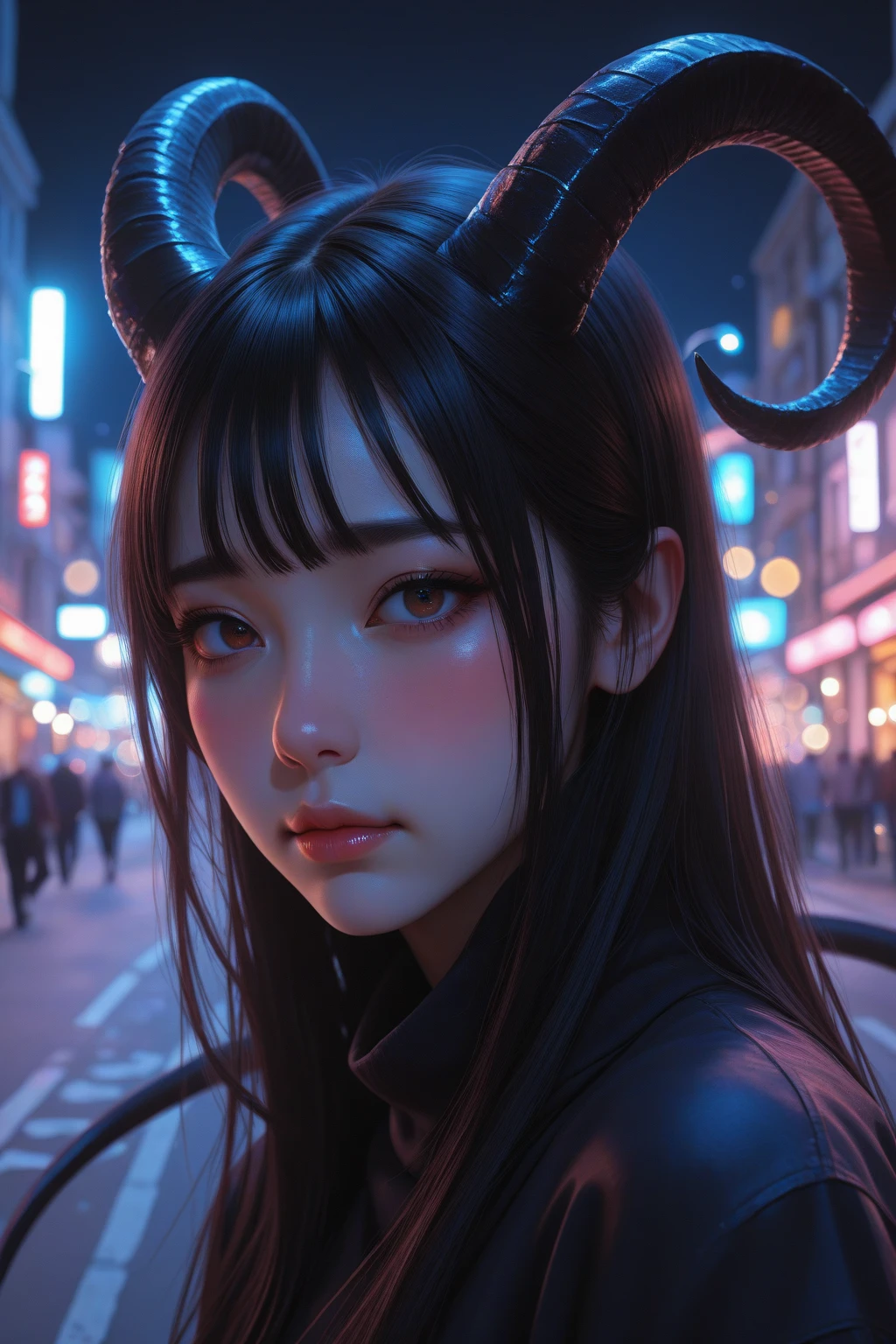 score_9, score_8_up,score_7_up,masterpiece, best quality, perfect anatomy, very aesthetic, official art, 8k,1girl,shiny skin ,gleaming skin,sweaty,seductive face,closed mouth,eyelashes,lips gloss,demon_girl,majestic wings,demon_wings,devil horns,huge_breasts,black long hair,blunt bangs,hairclip,school uniform, short sleeve shirt,arched back,standing ,night Tokyo,neon light