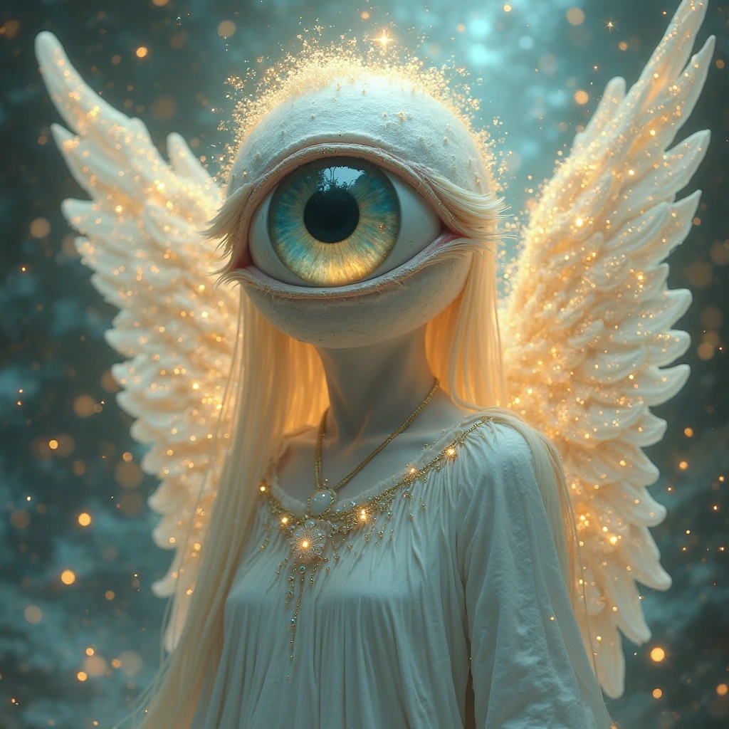 Dwarf angel with multiple brown wings, human-like body, human head and hair, white skin with a huge eye that covers from the chest to the abdomen