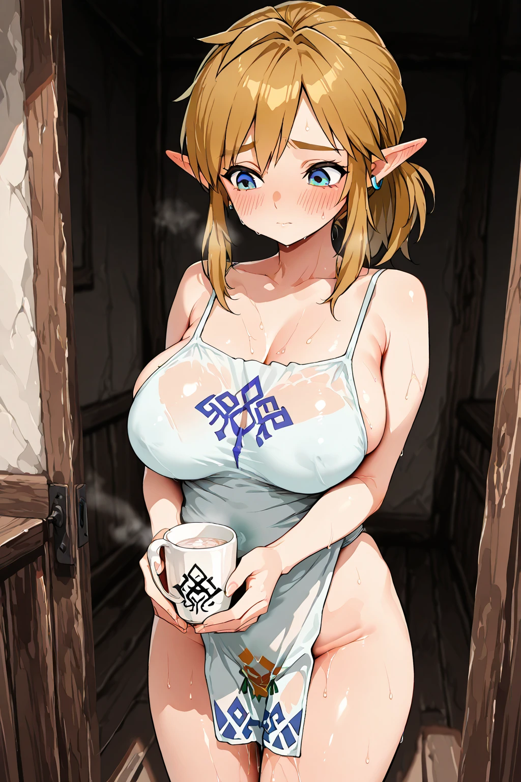 master-piece, bestquality, 1girls,16 years old, View viewers from front, HD, slight smile, big tits, cleavage, tights cloth, , tiny body, under tits cleavage, look down, stand up, aazelda, hairclip, pointy ears, puffy sleeves, long sleeves, tight pants, large hips, cum on face, ahegao, cum bath,