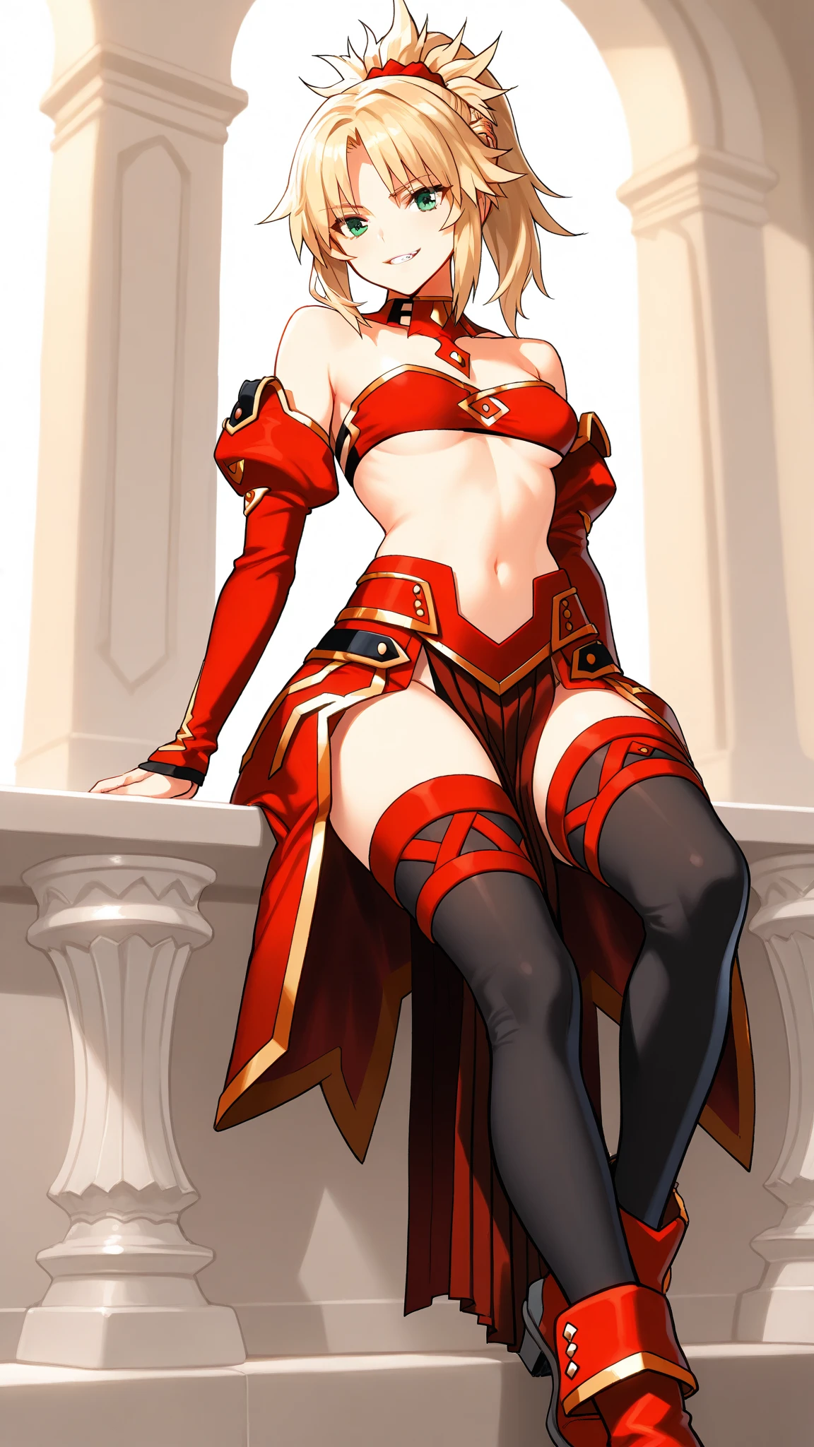 (Hilda Greyrat, RED eyelashes and long RED hair, BLUE eyes) elegant adult female, crown, turtleneck, full body sitting on a bench, showing ass to me, RED breastplate, RED skin (1SologirlRED skin:1.2), looking at viewer, shiny, armor, thigh highs, high boots, pauldrons shoulder armor, faulds, poleyn, RED gloves gauntlets, rerebrace, RED military armored boots, yordle muscular lean platinum blonde long twin tails hairstyle at the bedroom lustful smirking smile face red blushed, blush, strong abs, female body builder, tiara, twin drills hair, (masterpiece, best quality, ultra detailed, best shadow)