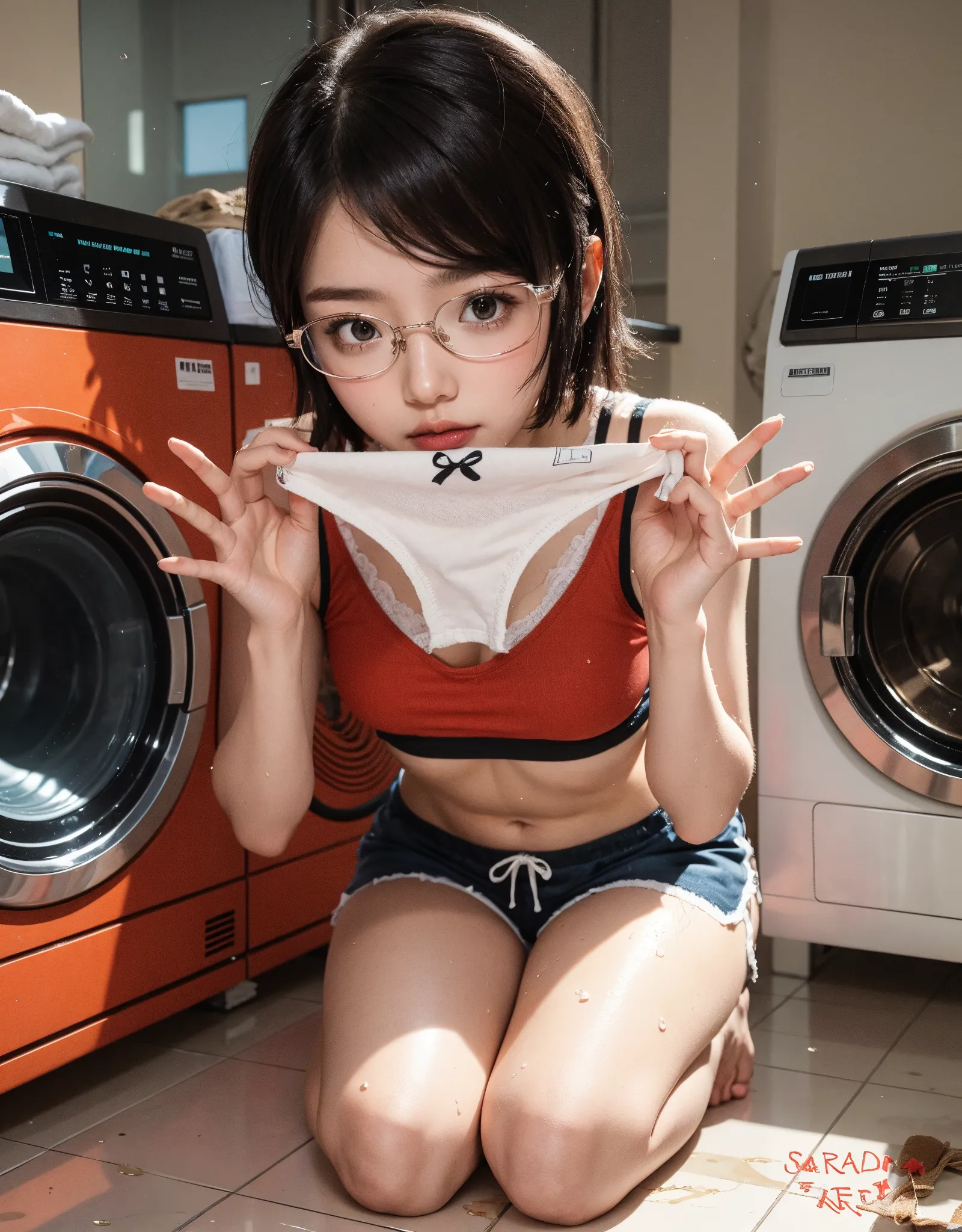 ((top-quality、8K、​masterpiece、portlate:1.3)), Folistic, disposable camera, 35㎜ film, hightquality, One Woman's Voice, japanes, Middle-aged woman, Beautie, Colossal tits, 41 years old, Plump body, hair wavy, Wrinkles at the corners of the eyes, droid、Messy room、Changing rooms in the apartment、Lace pattern bra、Lace pattern panties、Raw feet、Hands on the table、marriage ring、a navel、Rat trail section、cleavage of the breast、Stick out your buttocks、Tempting、Looking back、Slouched、Looking at the camera、washing machine、washing、Washstand、Tying hair、Full Mirror、Laundry is scattered