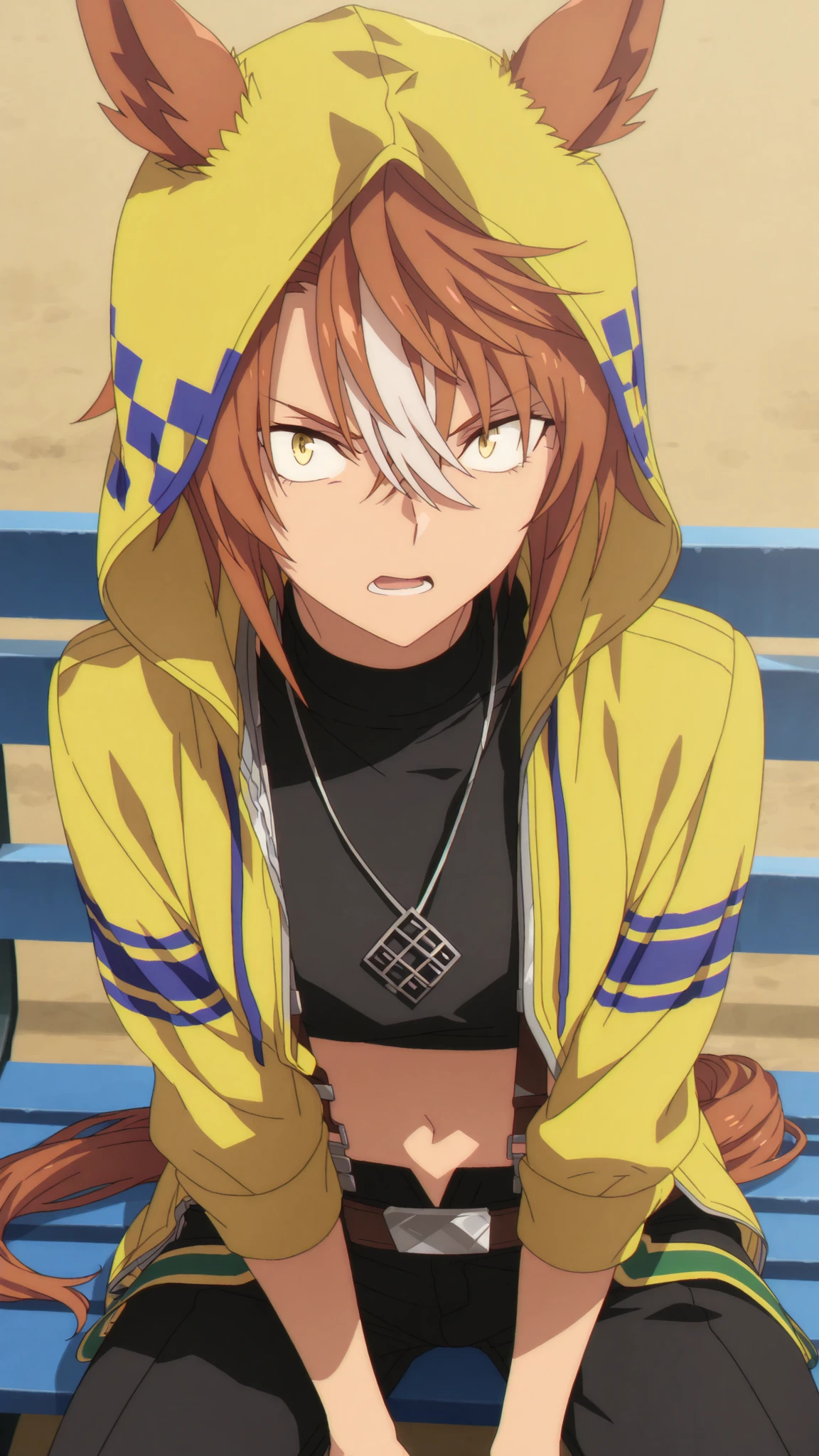 , Dictus Striker .Uma musume
High quality , best quality , masterpiece, High Resolution , detailed face( LoRA: Dictus Striker ),anatomically correct, detailed hairstyle( LoRA: Dictus Striker ),anime Coloring
solo, 1 girl,
brown hair, streaked hair, short hair, hair between eyes, animal ears, horse girl, horse tail, yellow eyes, navel, necklace, midriff,black shirt, crop top, open clothes, yellow jacket, hooded jacket, hood up, open jacket, long sleeves, belt, suspenders, black pants,
looking at viewer ,close up,
ground,track,bench
,,open mouth, ,,sitting