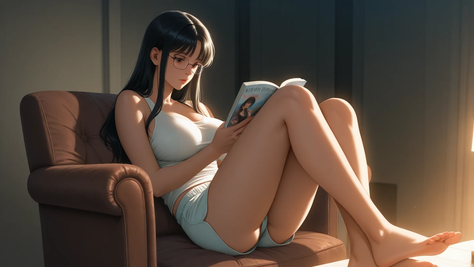 Ultra HD、super high quality、masterpiece、detailed、8K、The place is your room、A high school girl in her room１Person sitting and listening to music on headphones、Studying at a desk、15-year-old high school girl、The high school girl is Russian and has long black hair.、Has blue eyes、She has a flower tattoo and a glamorous figure.、The clothes she&#39;s wearing are a camisole and a miniskirt、Knee-high、Pretty sexy、Lo-Fi images